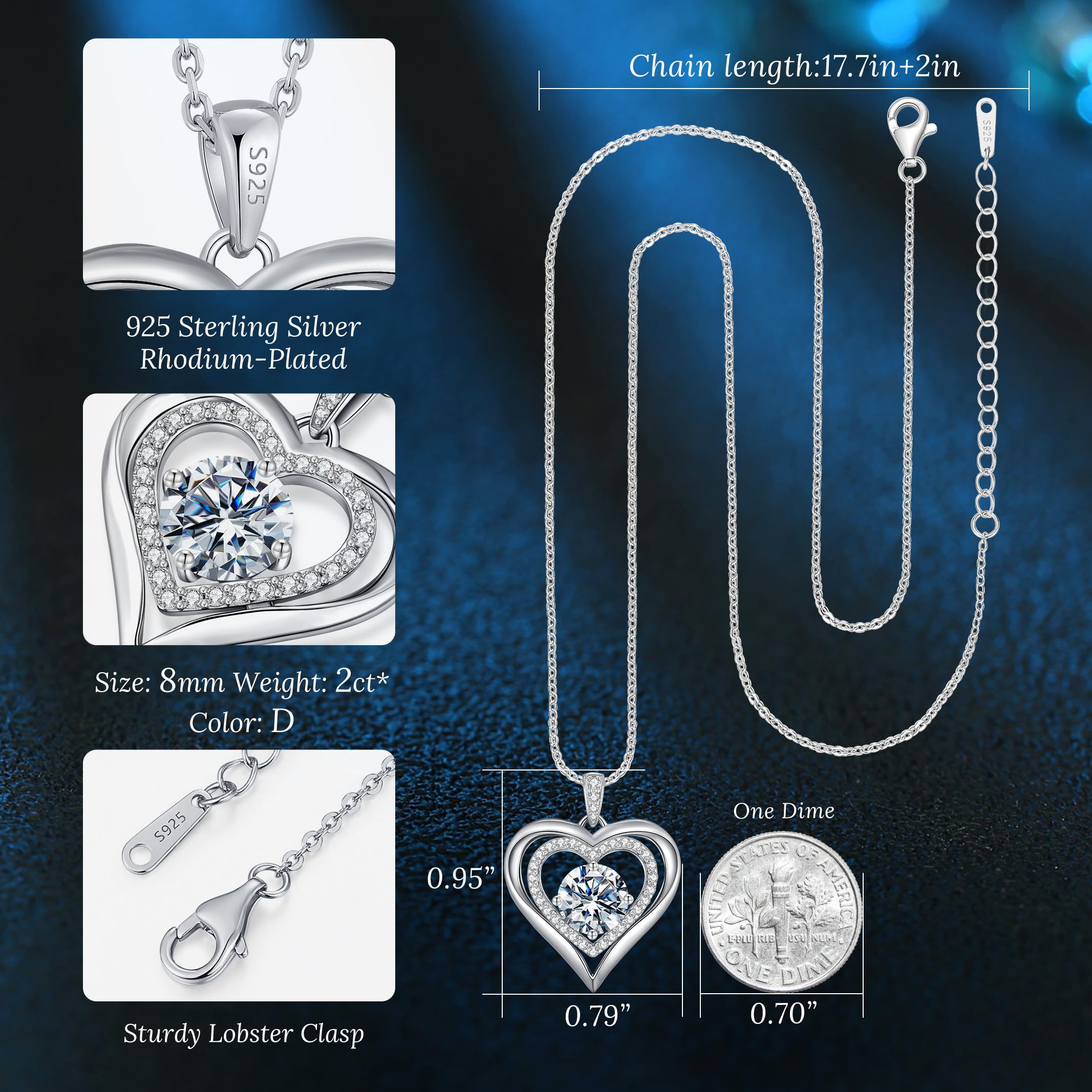 Valentine's Day Gift Moissanite Heart Pendant Necklaces for Women, 925 Sterling Silver Necklace Engraved with 'I LOVE YOU', Ideal Anniversary Birthday Jewelry Gifts for Mom Wife Girlfriend Daughter Her