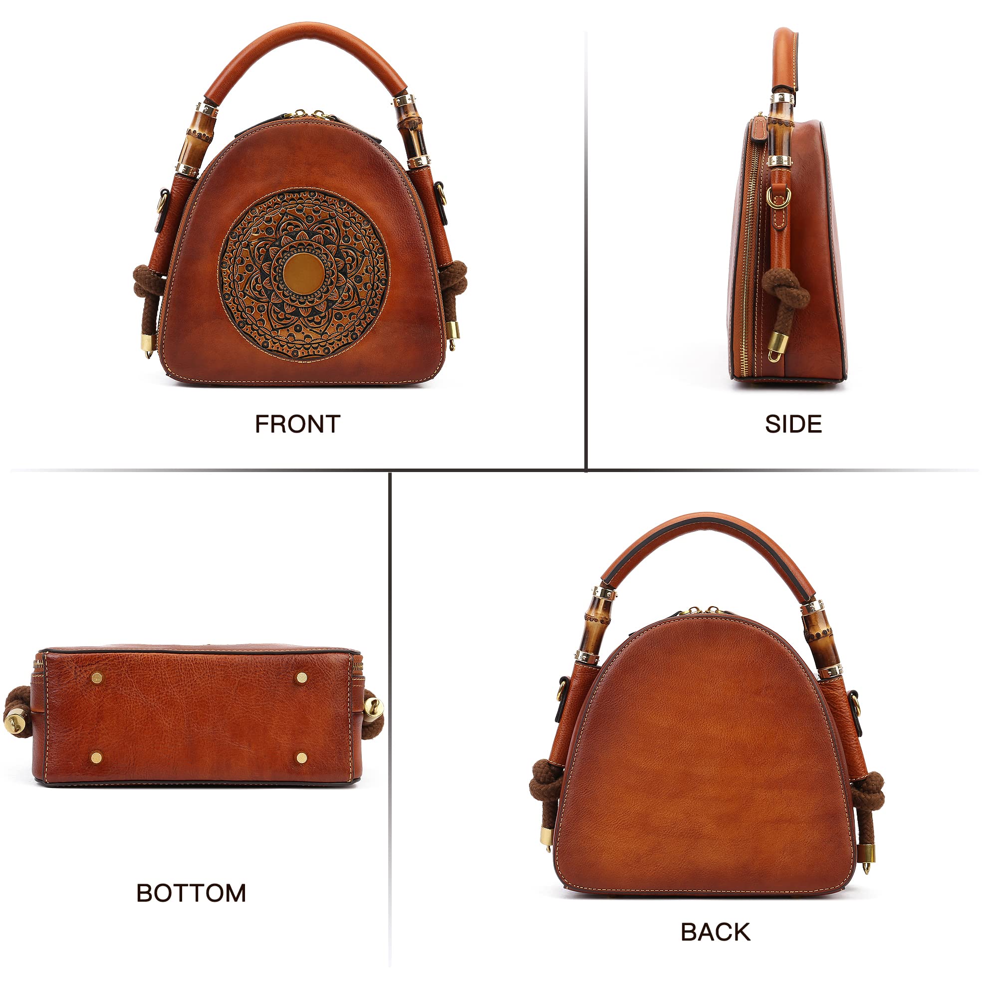 Zhuoliang Genuine Leather Pocketbooks for Women, Retro Organizer Top Handle Satchel Totem Leather Handbag Ladies