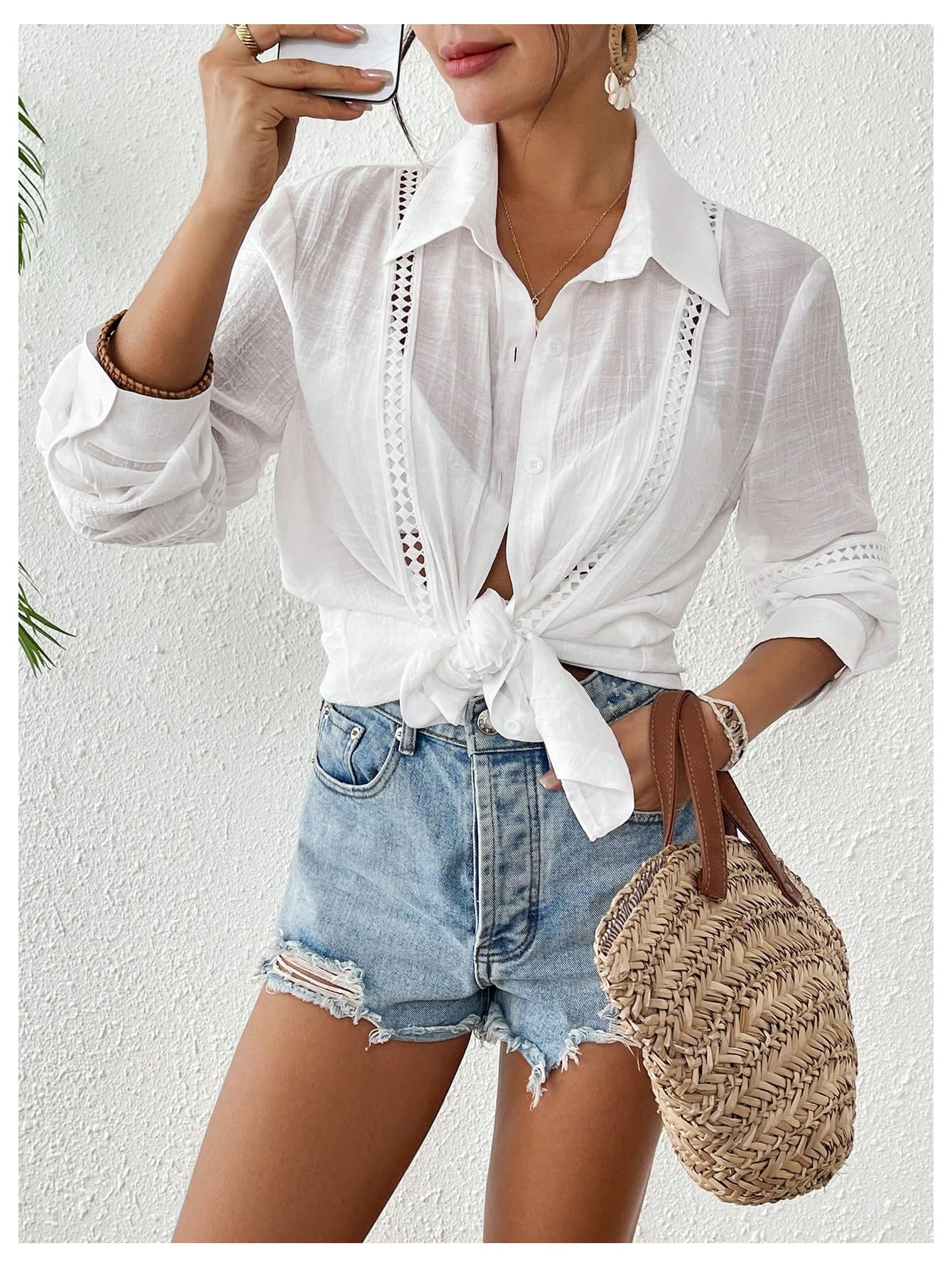 WDIRARA Women's Swim Cover Up Long Sleeve Button Down Kimono Beach Shirts Coverups White Small