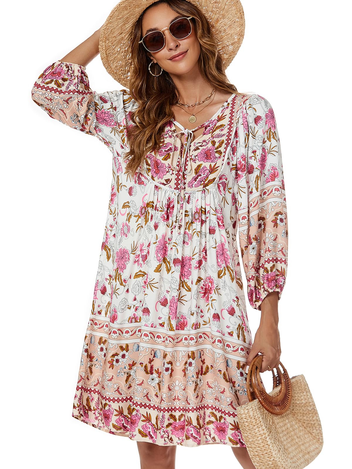 Qearal Summer Dresses for Women Casual Beach Vacation 3/4 Puffy Sleeve Boho Sun Dresses White XL