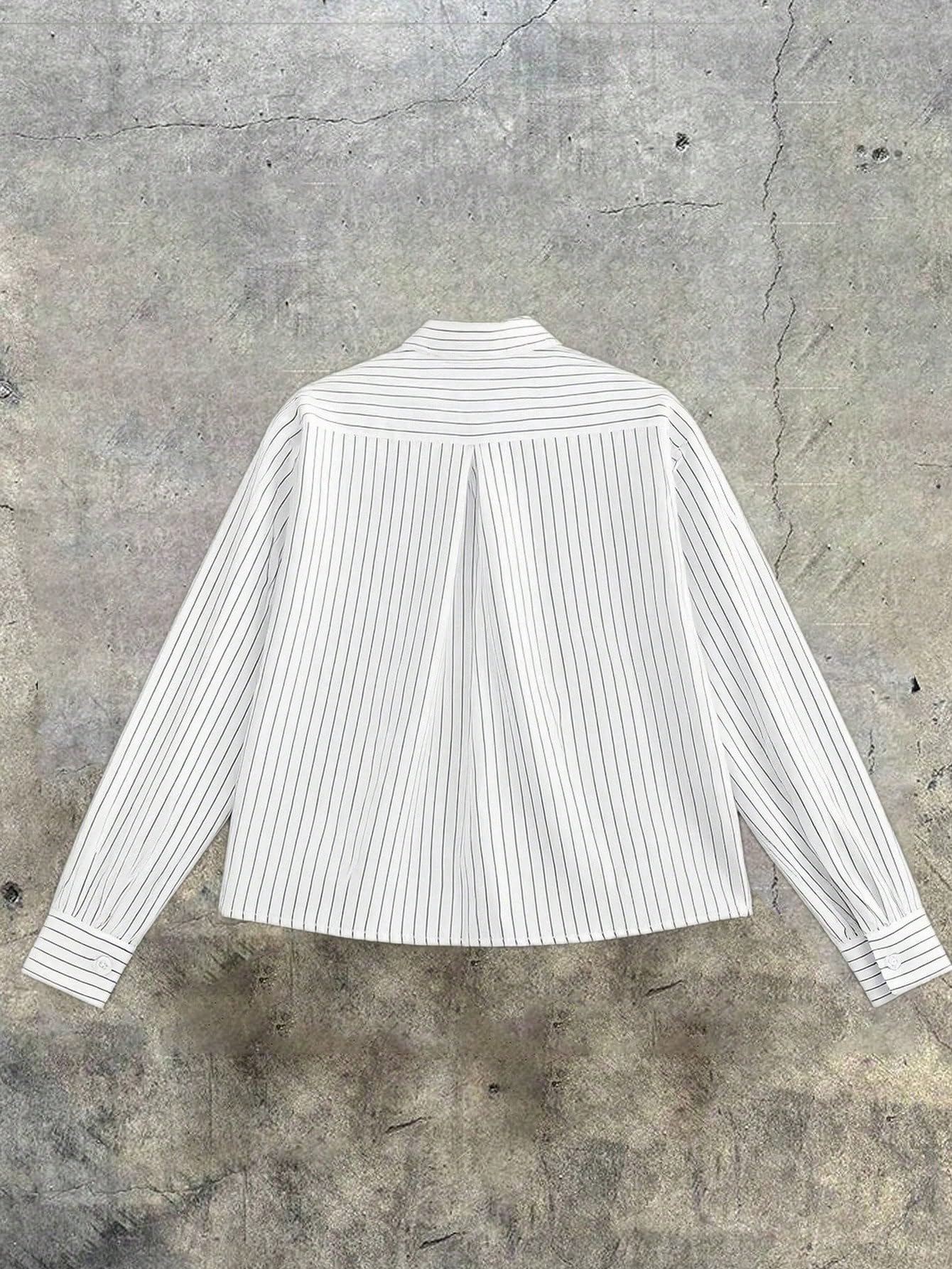 GORGLITTER Men's Cropped Button Down Shirts Striped Long Sleeve Oversized Casual Shirt Hip Hop Streetwear White Large