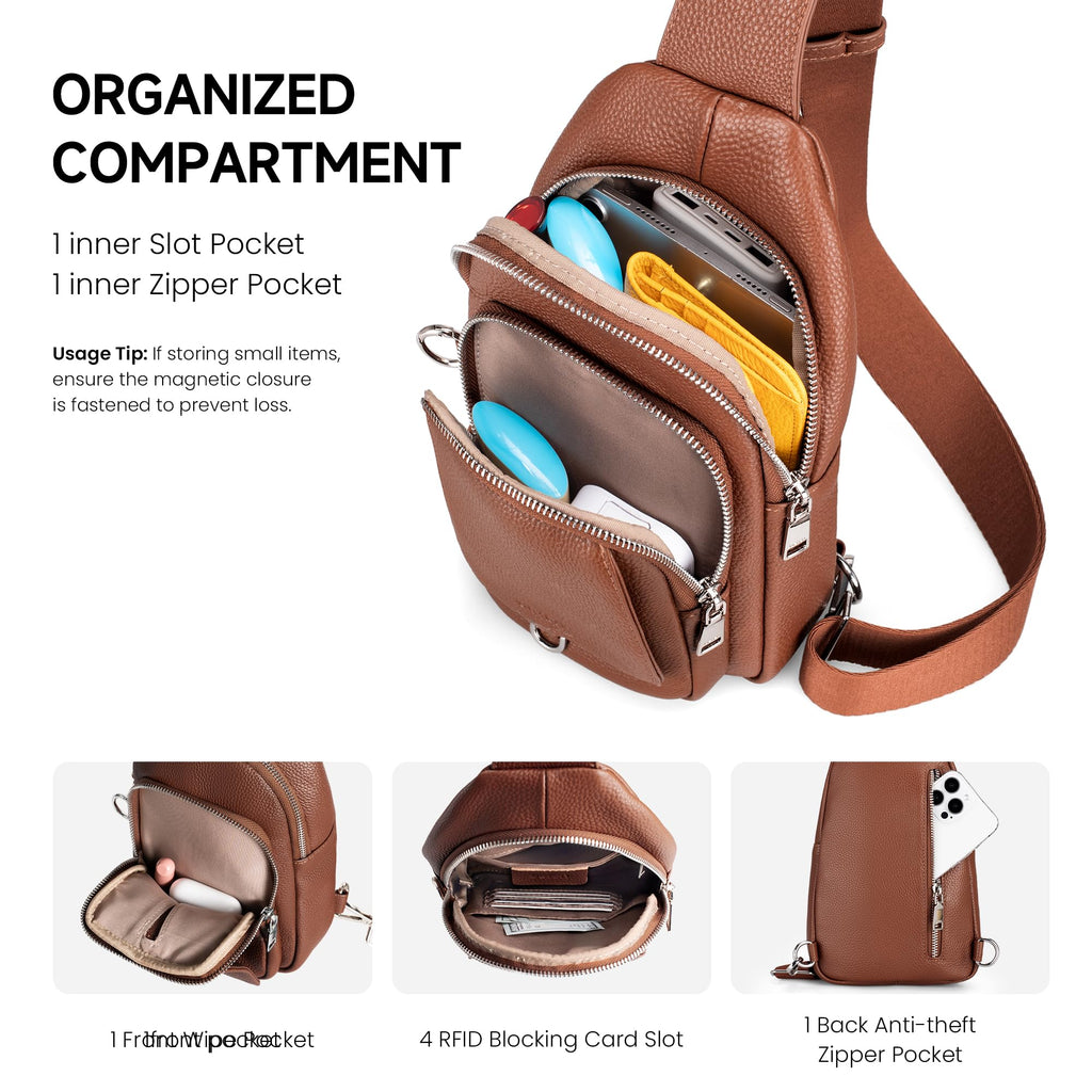 befen Genuine Leather Sling Bag for Women Anti Theft Crossbody Bag RFID Blocking Sling Crossbody Bag for Travel with Card Slots and Adjuatable Wipe Strap Soft Small Crossbody Purse for Daily Brown