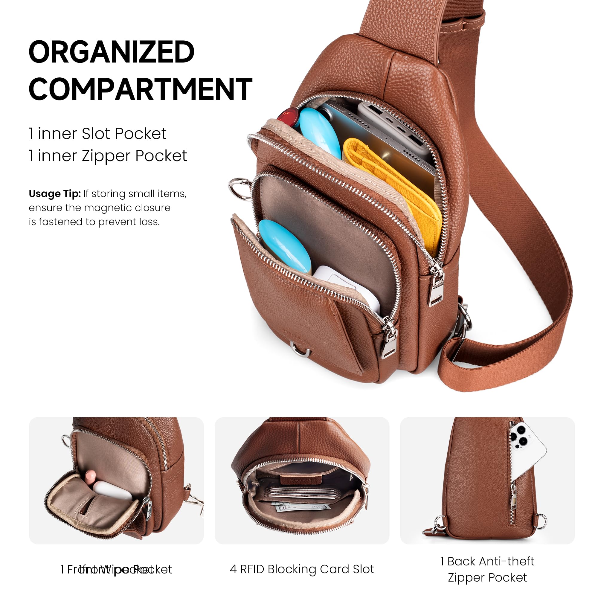befen Genuine Leather Sling Bag for Women Anti Theft Crossbody Bag RFID Blocking Sling Crossbody Bag for Travel with Card Slots and Adjuatable Wipe Strap Soft Small Crossbody Purse for Daily Brown