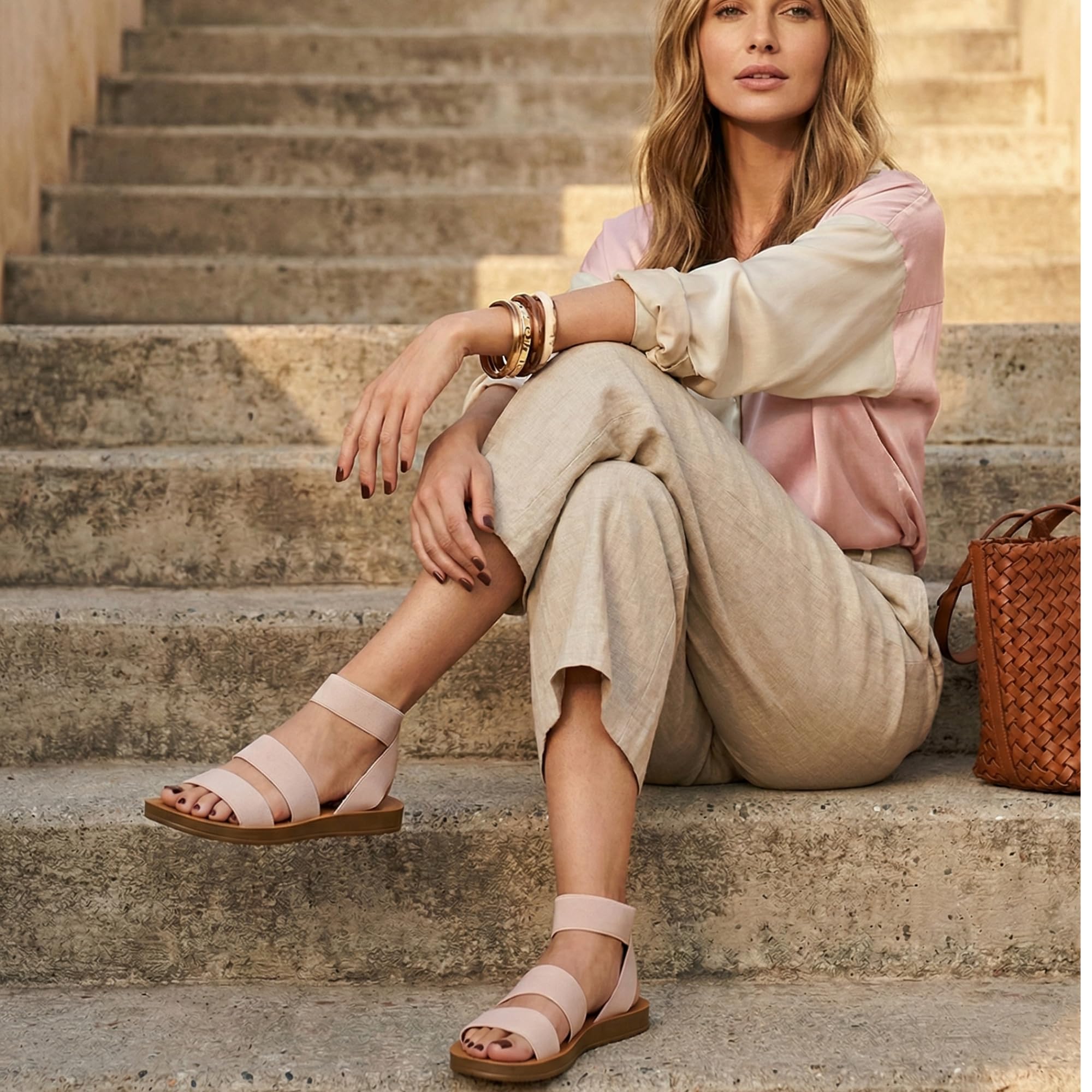 CUSHIONAIRE Indego Stretch Sandal – Lightweight Slip-On with Memory Foam & Soft Straps for All-Day Support | Casual or Dressy Summer Sandals for Women 2025, NUDE 6
