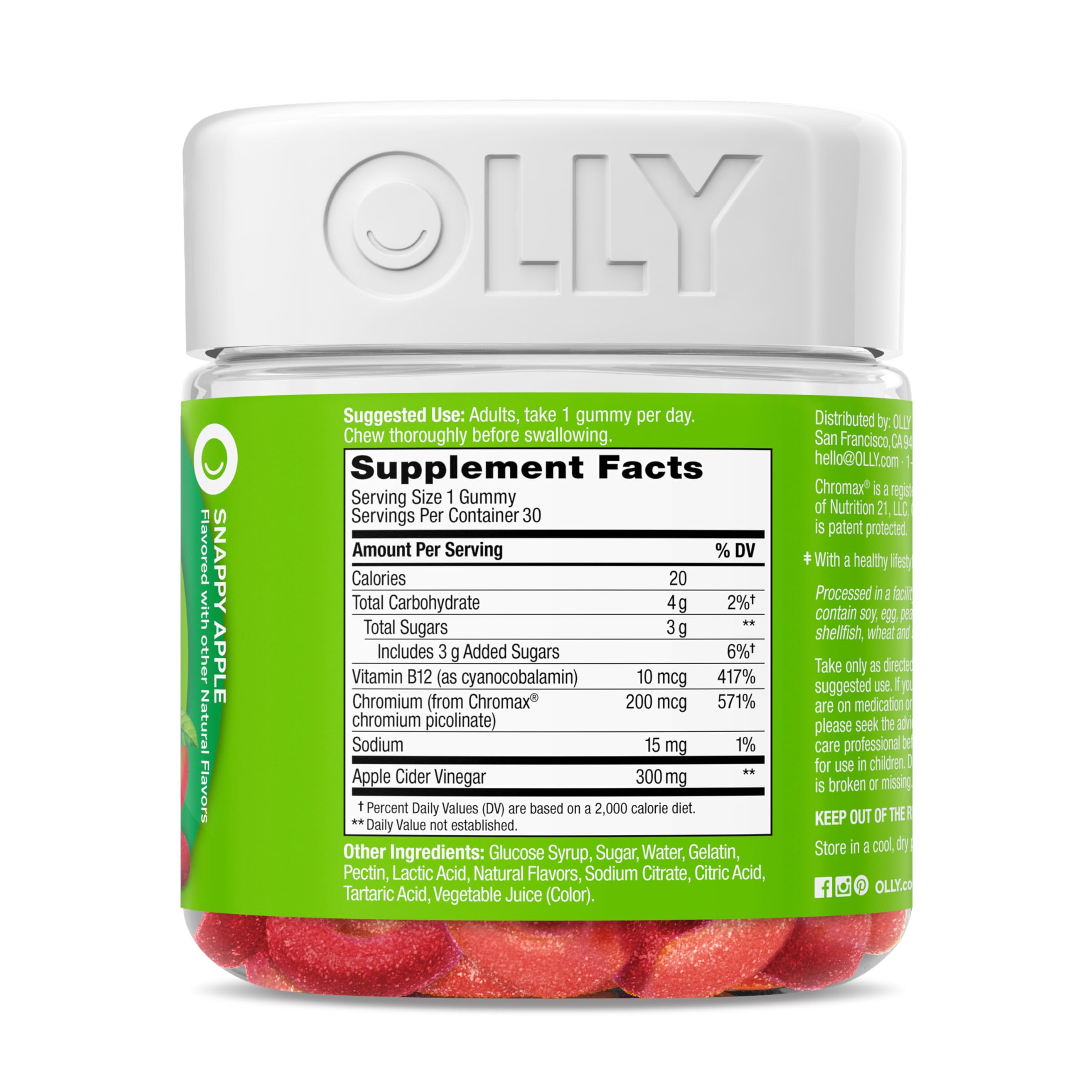 OLLY Metabolism Gummy Rings, Apple Cider Vinegar, Vitamin B12, Chromium, Energy and Digestive Health, Chewable Supplement, Apple Flavor - 30 Count