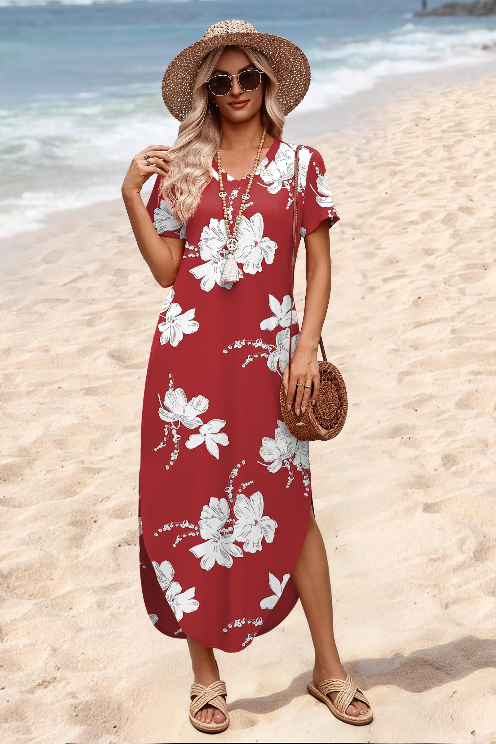 WIHOLL Maxi Dresses for Women Elegant Classy 2026 Beach Vacation Clothes Summer Outfits Hawaiian Tropical Dress Floral Red M