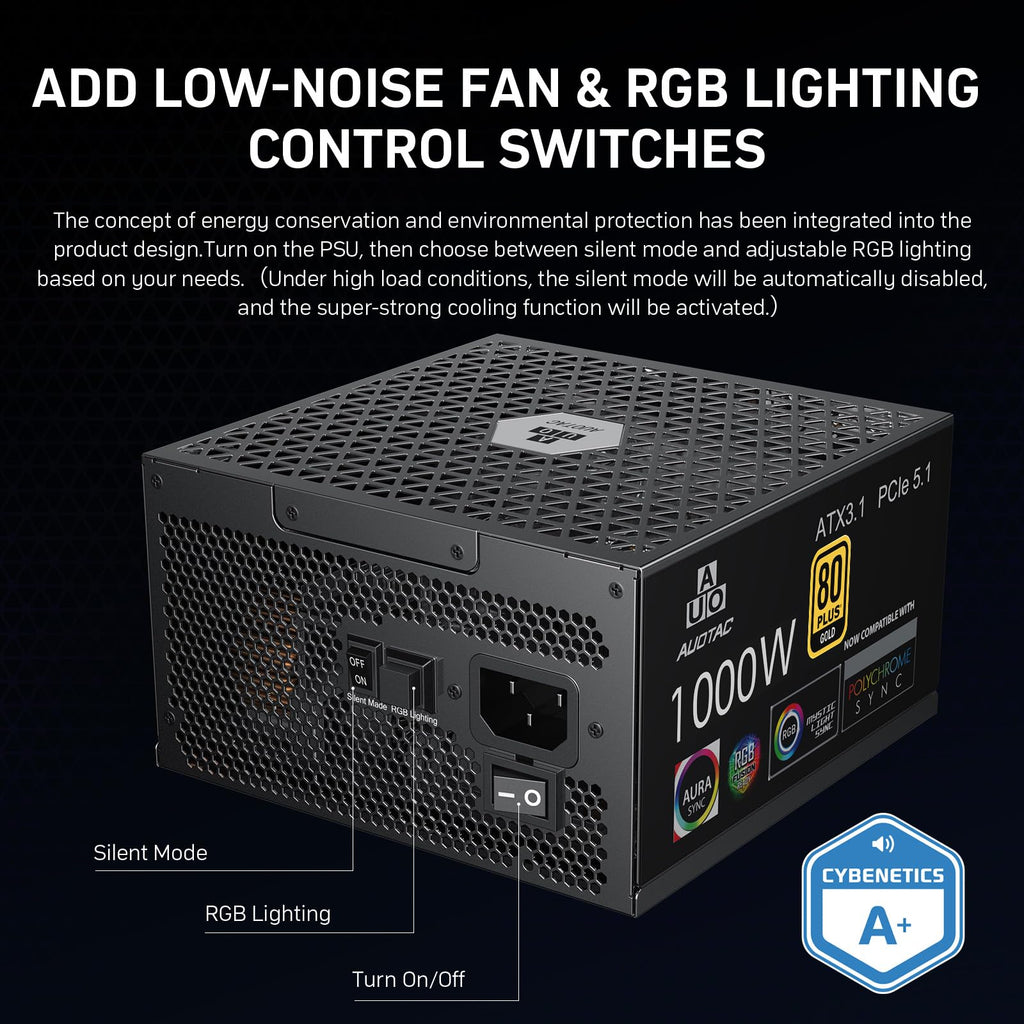 Auotac 1000W Fully Modular Power Supply 80+ Gold Certified with 12V-2x6 Cable – ATX 3.1 & PCIe 5.1 Compliant, 140mm RGB Low-Noise Smart Fan, 105℃-Rated Capacitors, Black