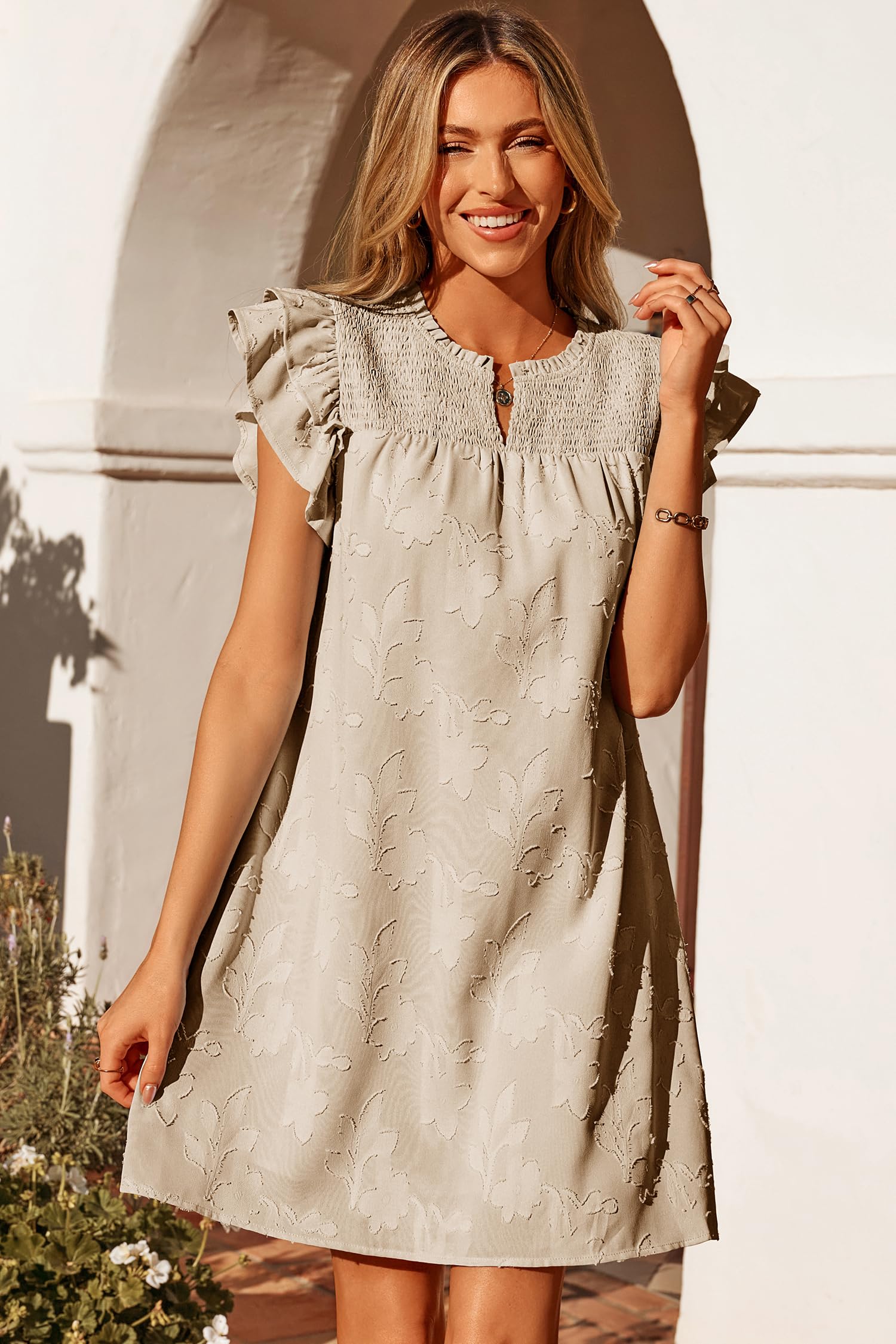 Dokotoo Spring Dresses for Women 2026 Ruffle Cap Short Sleeve V Neck Smocked Summer Casual Loose Floral Burnout Mini Dress Swing A-Line Sun Dress Beach Party Holiday Boho Sundress Apricot Medium
