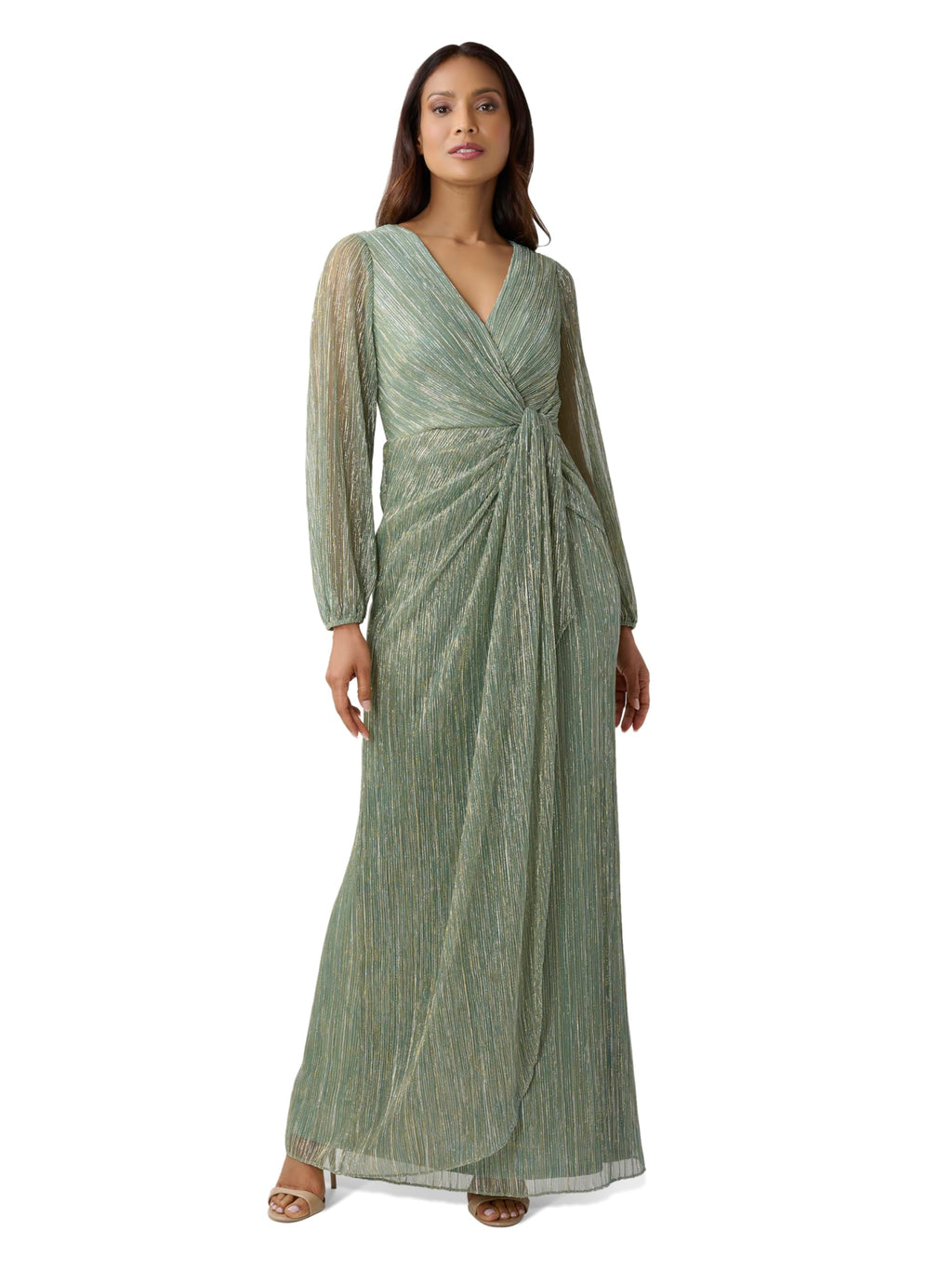 Adrianna Papell Long Sleeve Crinkle Metallic Gown with Draped Waist Detail Green Slate 4