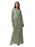 Adrianna Papell Long Sleeve Crinkle Metallic Gown with Draped Waist Detail Green Slate 4