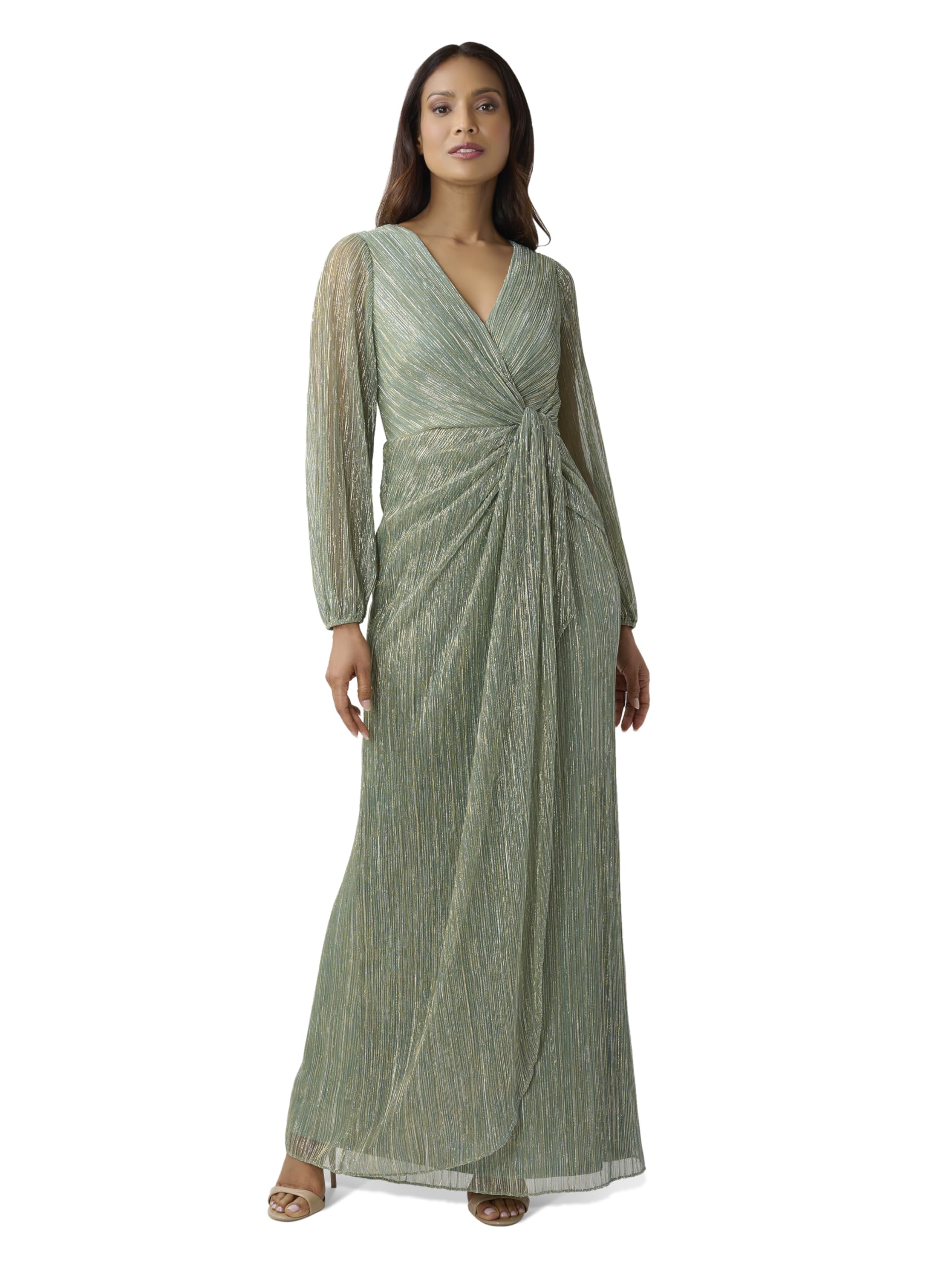 Adrianna Papell Long Sleeve Crinkle Metallic Gown with Draped Waist Detail Green Slate 4