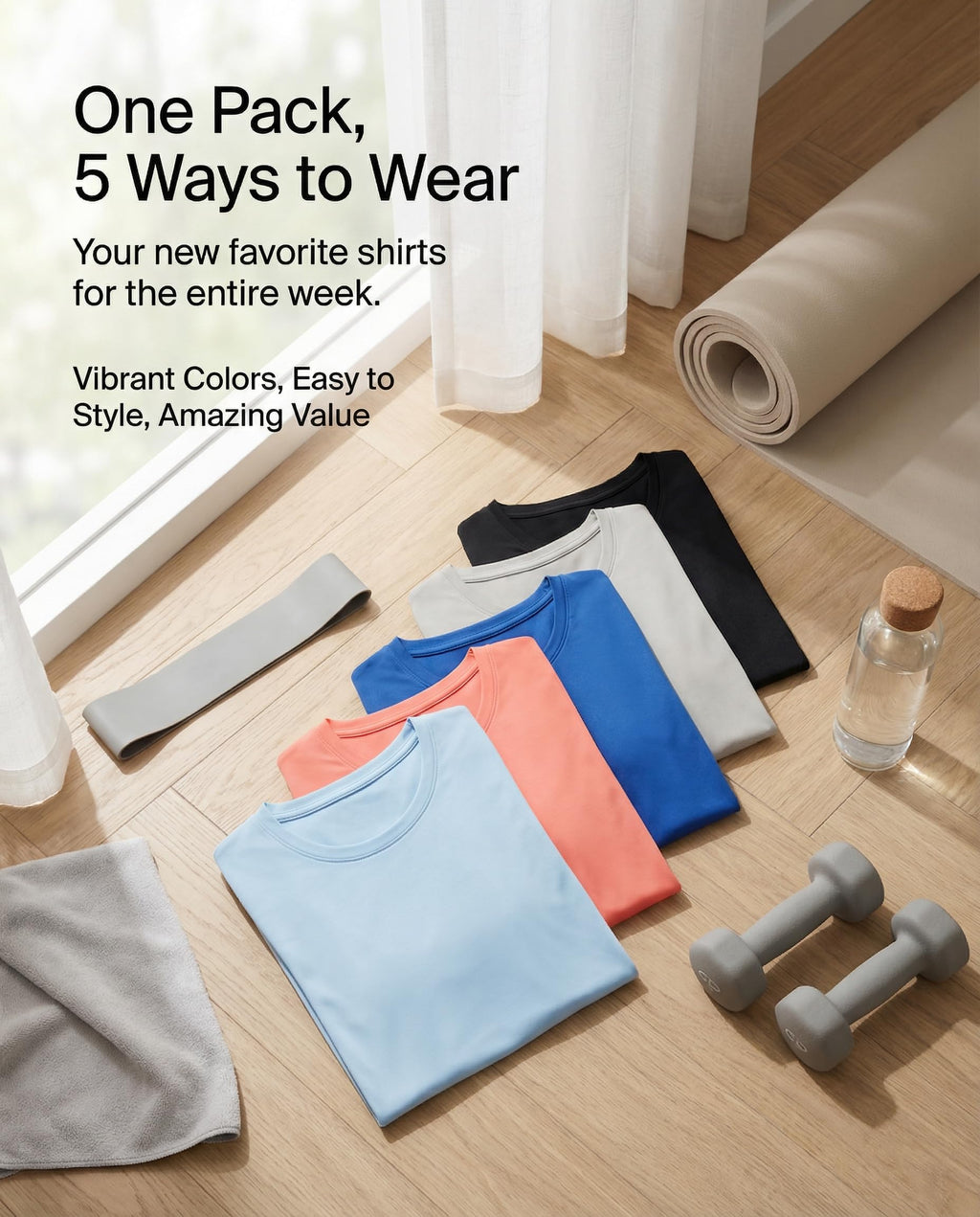Real Essentials 5 Pack: Women's Short Sleeve T-Shirts Workout Tops Fitness Pilates Gym Activewear Athletic (Plus Available), Set 9, L, Pack of 5