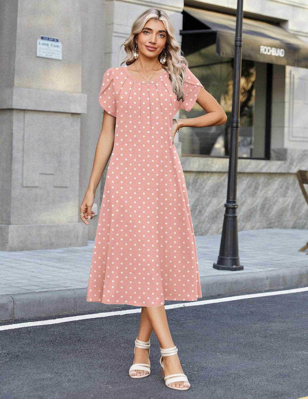 Zeagoo Polka Dot Dress for Women Midi Summer Dresses 2026 Short Sleeve Dress Casual Pleated Long Dresses Pleated Sundress, Pink Dot L