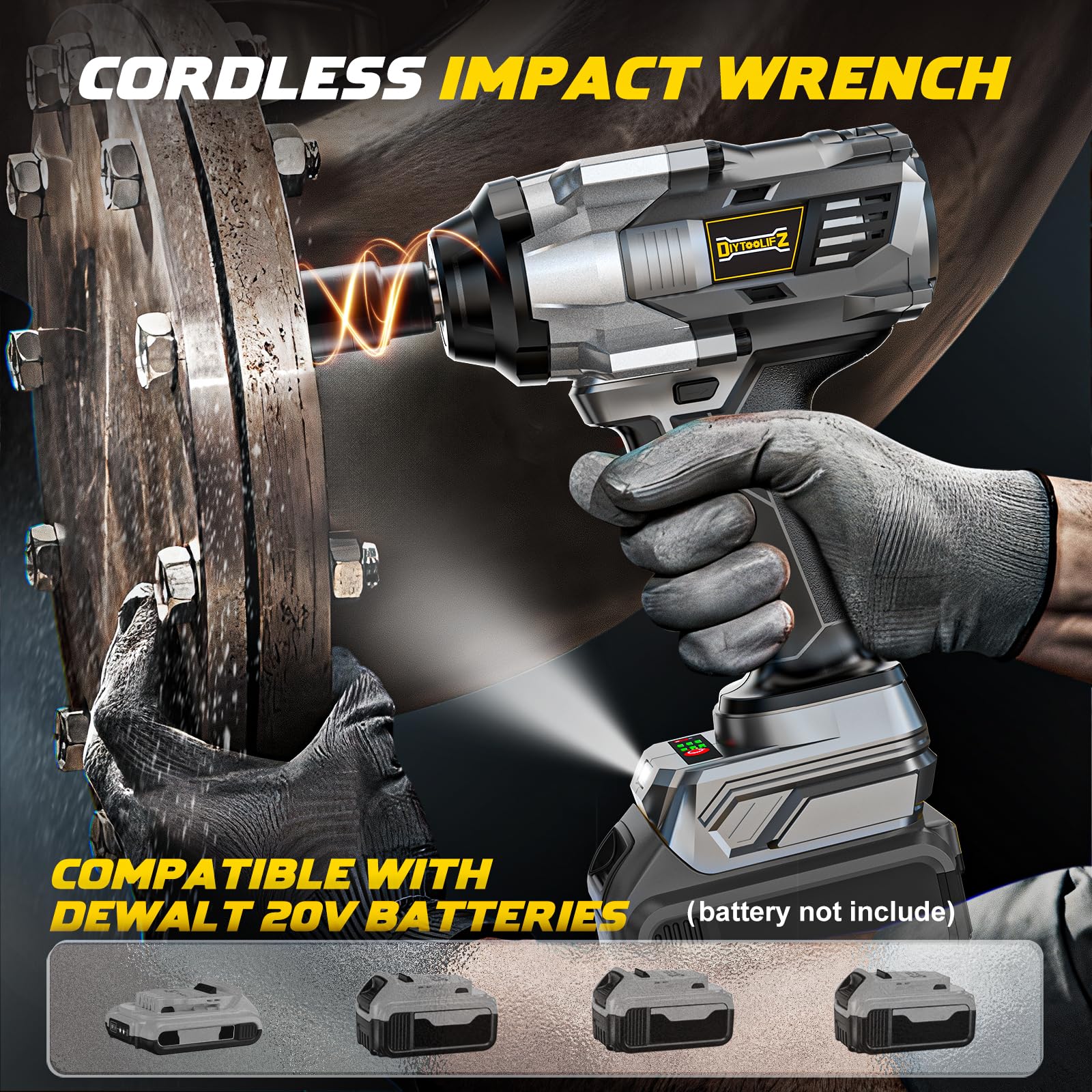 DIYtoolifz Cordless Impact Wrench 1/2 inch Compatible with DeWalt 20v Battery, 1000Ft-lbs(1360N.m) High Torque Impact Driver with 4-Modes, LED Light, Electric Impact Gun for Car/Truck/Mower(Bare Tool)