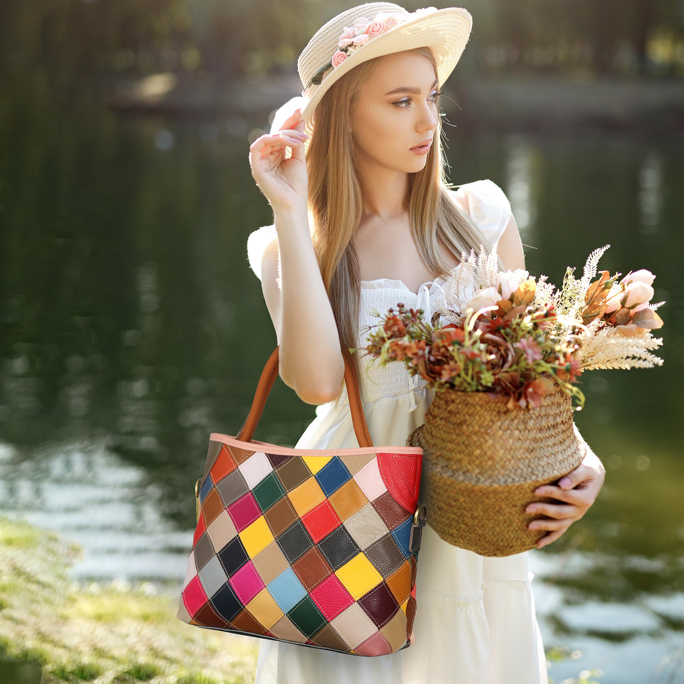 HESHE Leather Hanbags for Women Colorful Tote Purse Large Hobo Shoulder Bag