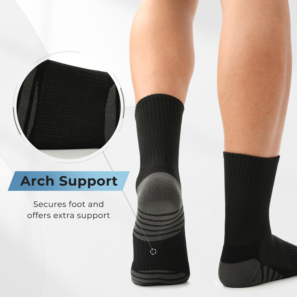 BAMBOO COOL Men's Crew Socks Athletic Running Sports Socks, Cushioned Moisture Wicking, Breathable Arch Support 6 Pack Black