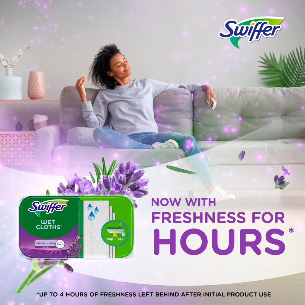 Swiffer Sweep + Mop, Wet Pads Refill, Floor Cleaner for Dirt, Dust, Hair, Cleaning Cloths for Mopping Home, Bathroom, Kitchen, All Purpose Multi-Surface Floor Wipes, Lavender, 12ct