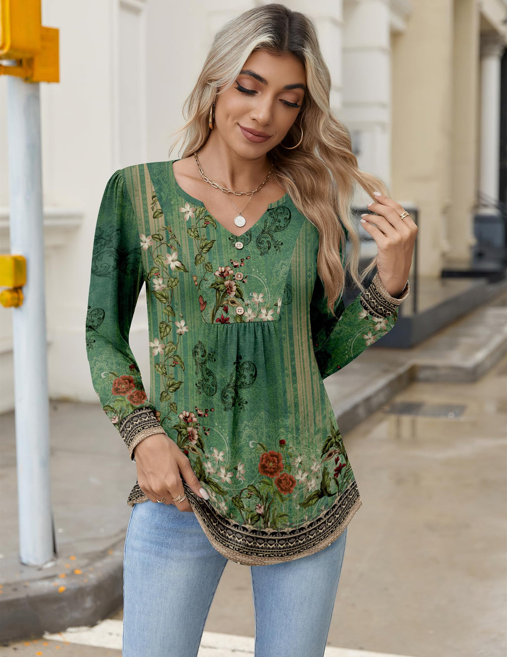 Zeagoo Boho Tops For Women Fall Long Sleeve V Neck Henly Shirt Floral Tunic