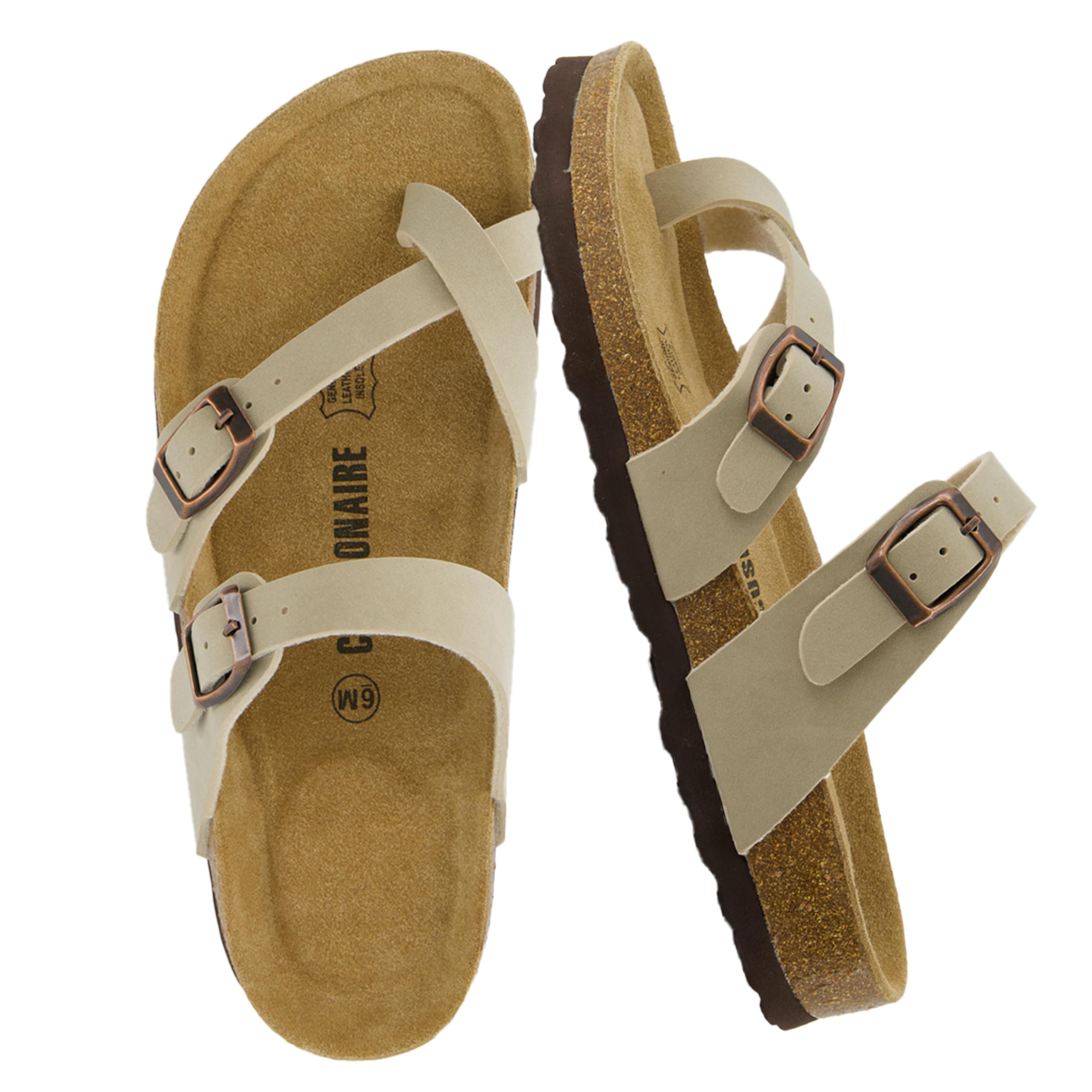 CUSHIONAIRE Luna Sandals for Women, Cork Footbed Womens Sandals for Summer Comfort with Adjustable Straps, Wide Width Available, STONE 12W