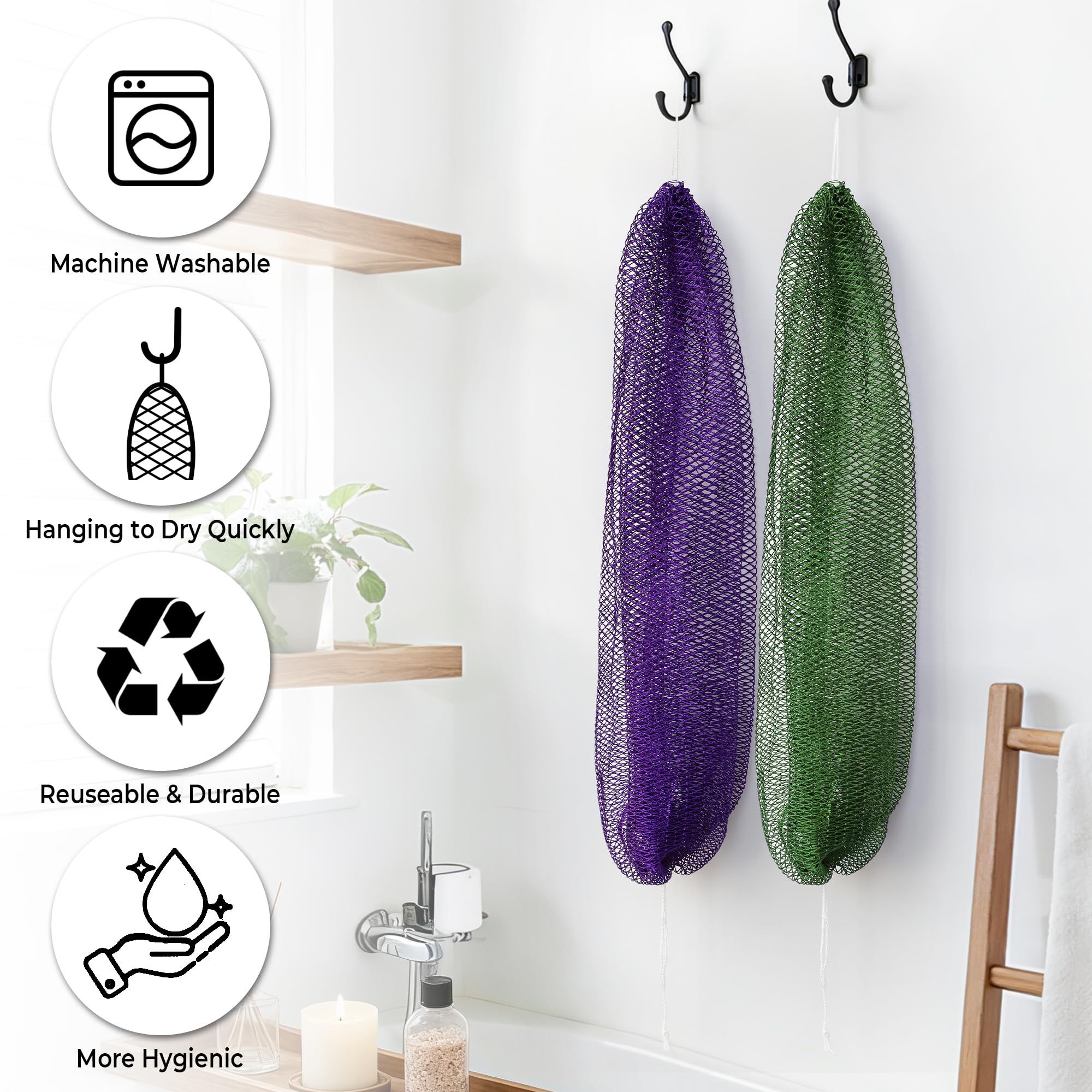 Authentic African Net Sponge with Knots - 2 Pieces Exfoliating Body Sponge Purple & Green - Back Scrubber Shower Exfoliator for Women Personal Care - Shower Scrub for Body Wash Bathing Accessories