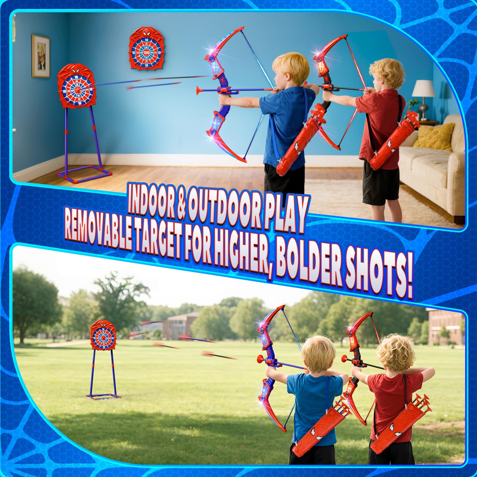 Fzlirou Toys for Boys Age 3-12, 2 Pcs Shooting Set with Red & Blue LED Lights, Standing Target & 2 Quiver, Indoor & Outdoor Kid Toys Gifts for 3 4 5 6 7 8 9 10 11 12 Year Old Boys Girls