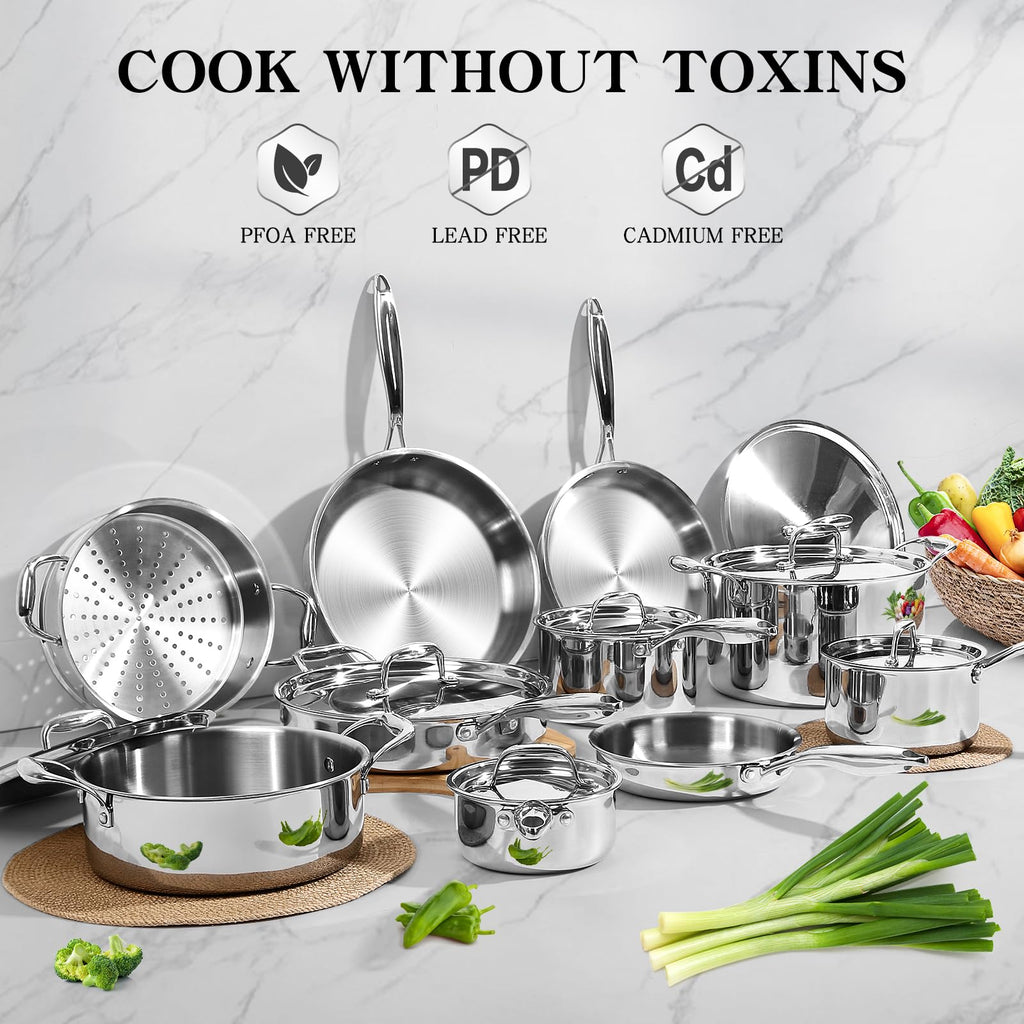 EWFEN Stainless Steel Cookware Set, 3 Ply 17 Piece Stainless Steel Pot and Pan Set, Oven Dishwasher Safe | Induction Compatible Frying Pans, Saucepans, Saute Pan & Stock Pot, PFOA, PTFE & PFOS Free