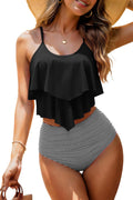 Womens Tankini Swimsuits Ruffled Tank Top Tummy Control Floral Modest Swimwear High Waisted Bikini Vintage Black L