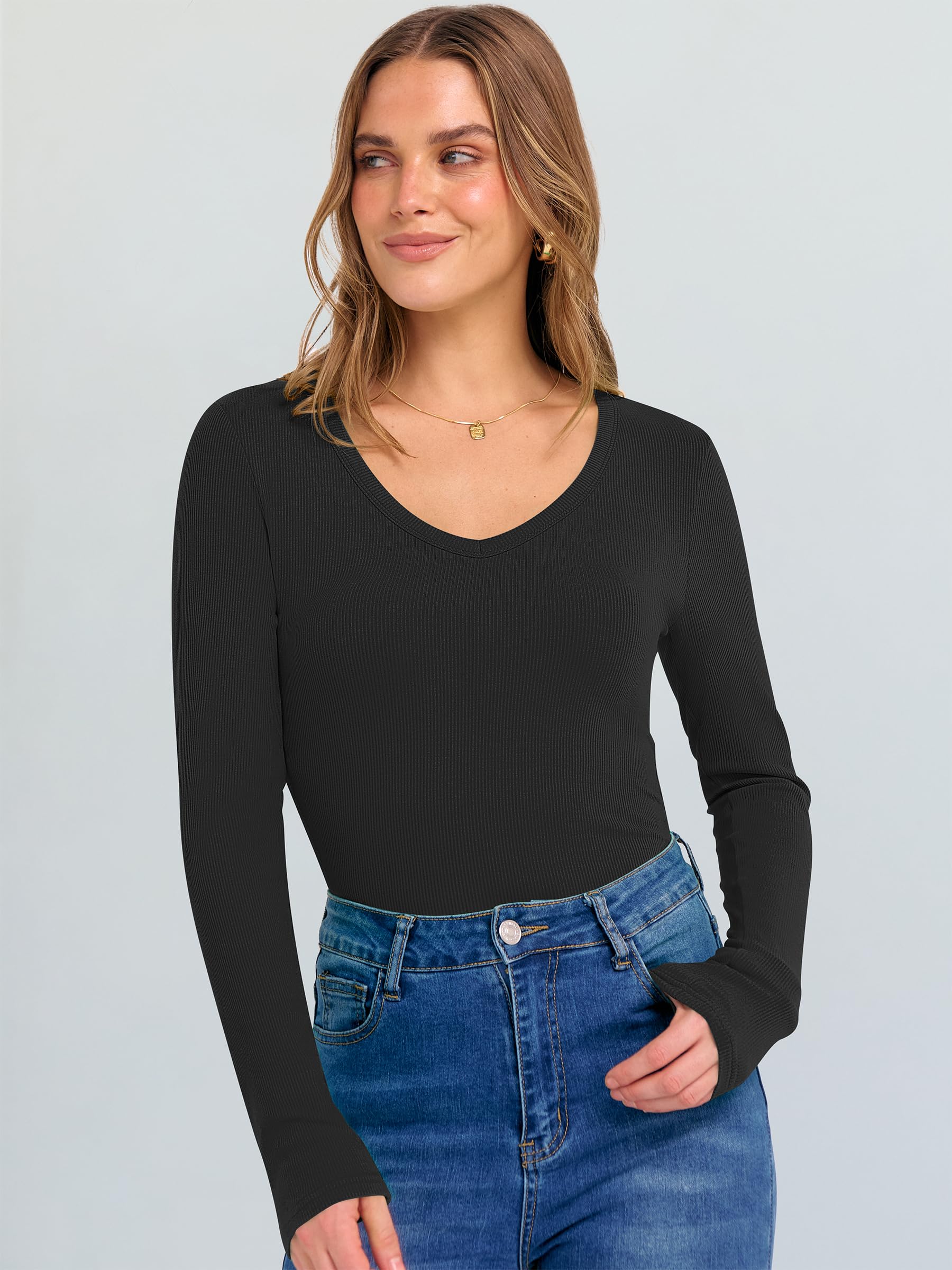 ANRABESS Long Sleeve Shirts for Women V Neck Ribbed Knit Fitted Fall Basic Tshirts Going Out Tops 2026 Casual Trendy Clothes Black Large