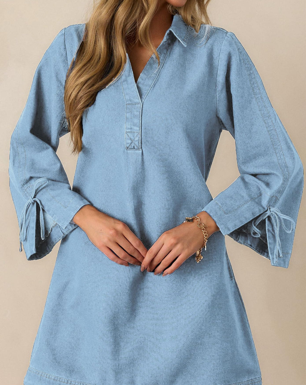 Womens Denim Shirt Dress Collared V Neck Bell Long Sleeve Mini Casual A-line Jean Dresses with Bow Light Blue