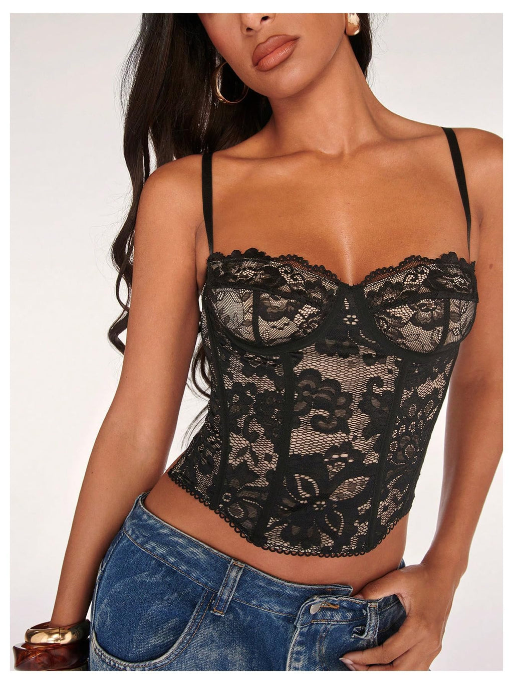 WDIRARA Women's Cut Out Lace Crop Bustier Corset Tank Top Sexy Going Out Party Club Tops Cami Black Large
