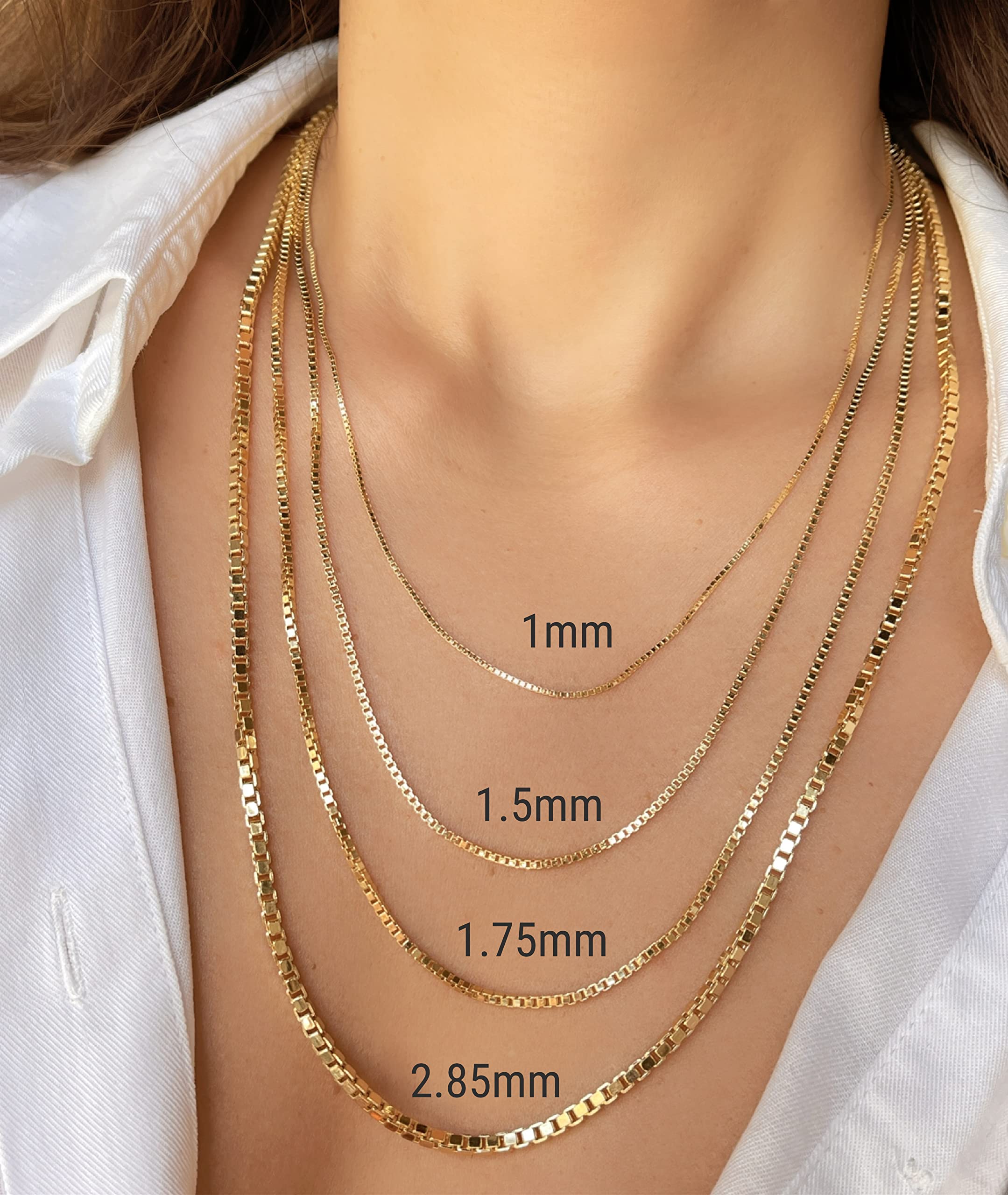 JEWELHEART 14K Real Gold Box Chain - 1mm Diamond Cut Yellow Gold Link Chain Necklace For Men - Dainty Gold Pendant Necklace For Women with Lobster Clasp 24"