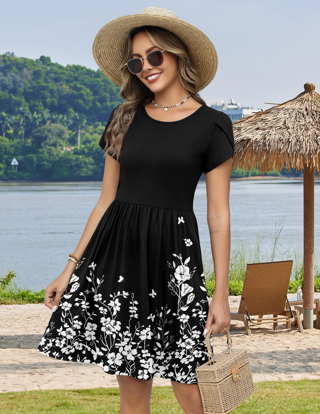 Zeagoo Flowy Summer Dresses for Women Short Sleeve Casual Floral Print 2026 A-Line Beach Mini Dress with Pockets Hawaiian Tropical Vacation