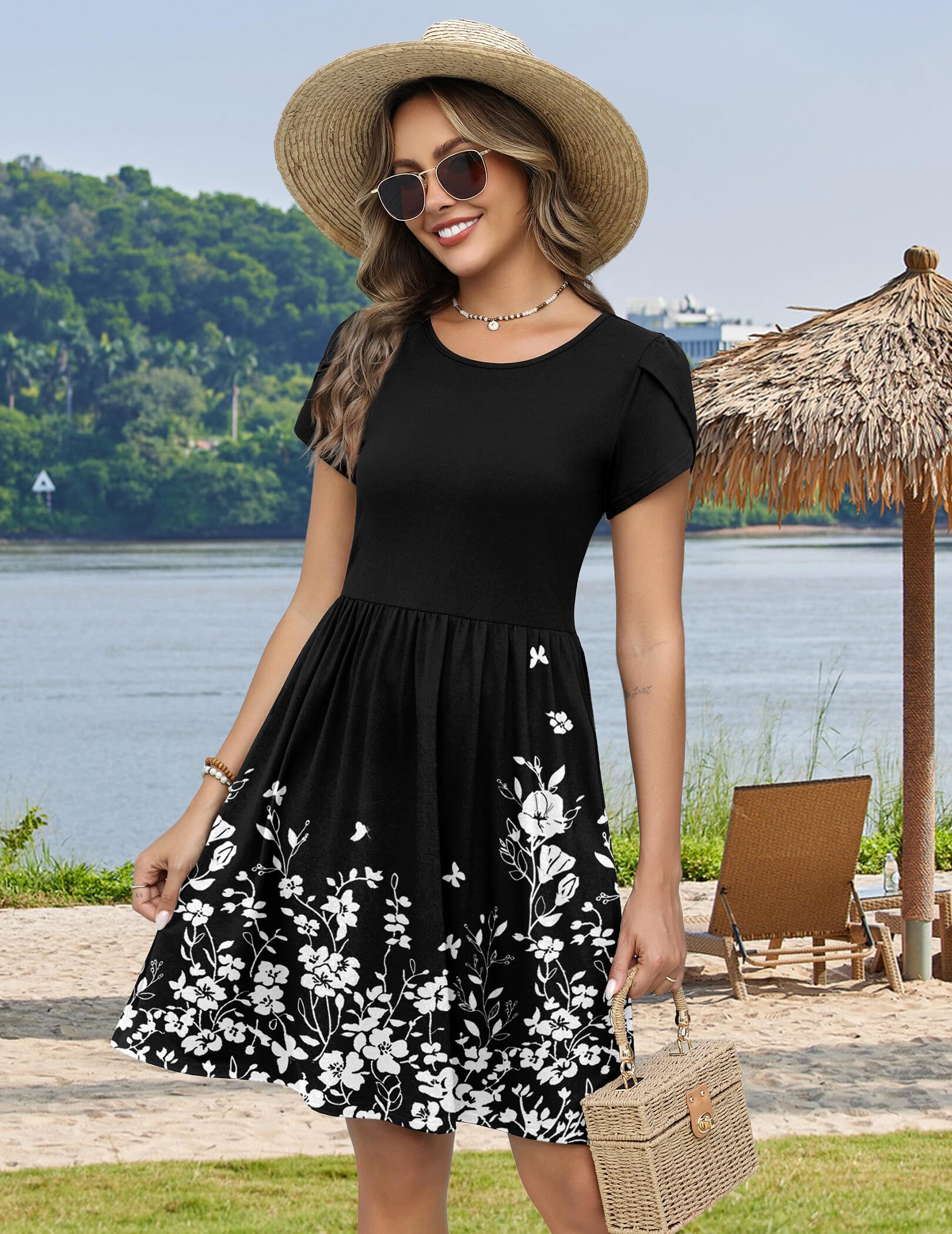 Zeagoo Flowy Summer Dresses for Women Short Sleeve Casual Floral Print 2026 A-Line Beach Mini Dress with Pockets Hawaiian Tropical Vacation