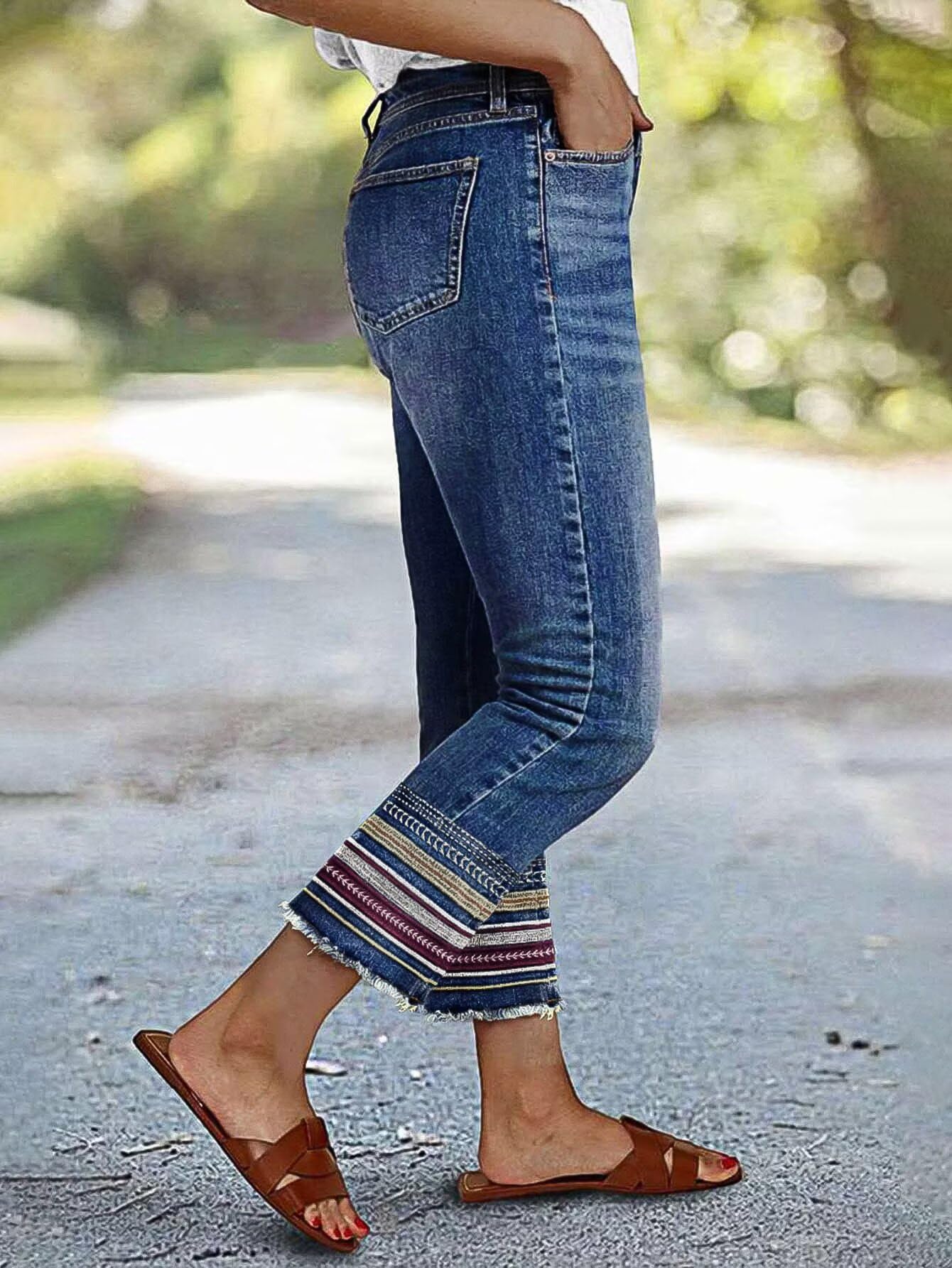 Flamingals Straight Leg Cropped Jeans for Women Trendy Mid Rise Stretchy Tribal Embroidery Raw Hem Ankle Jeans Mid Blue Wash L