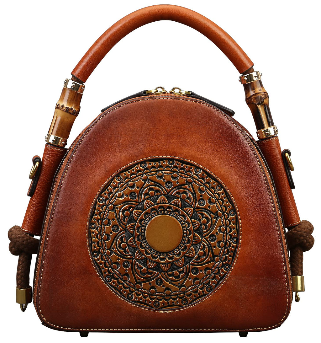 Zhuoliang Genuine Leather Pocketbooks for Women, Retro Organizer Top Handle Satchel Totem Leather Handbag Ladies