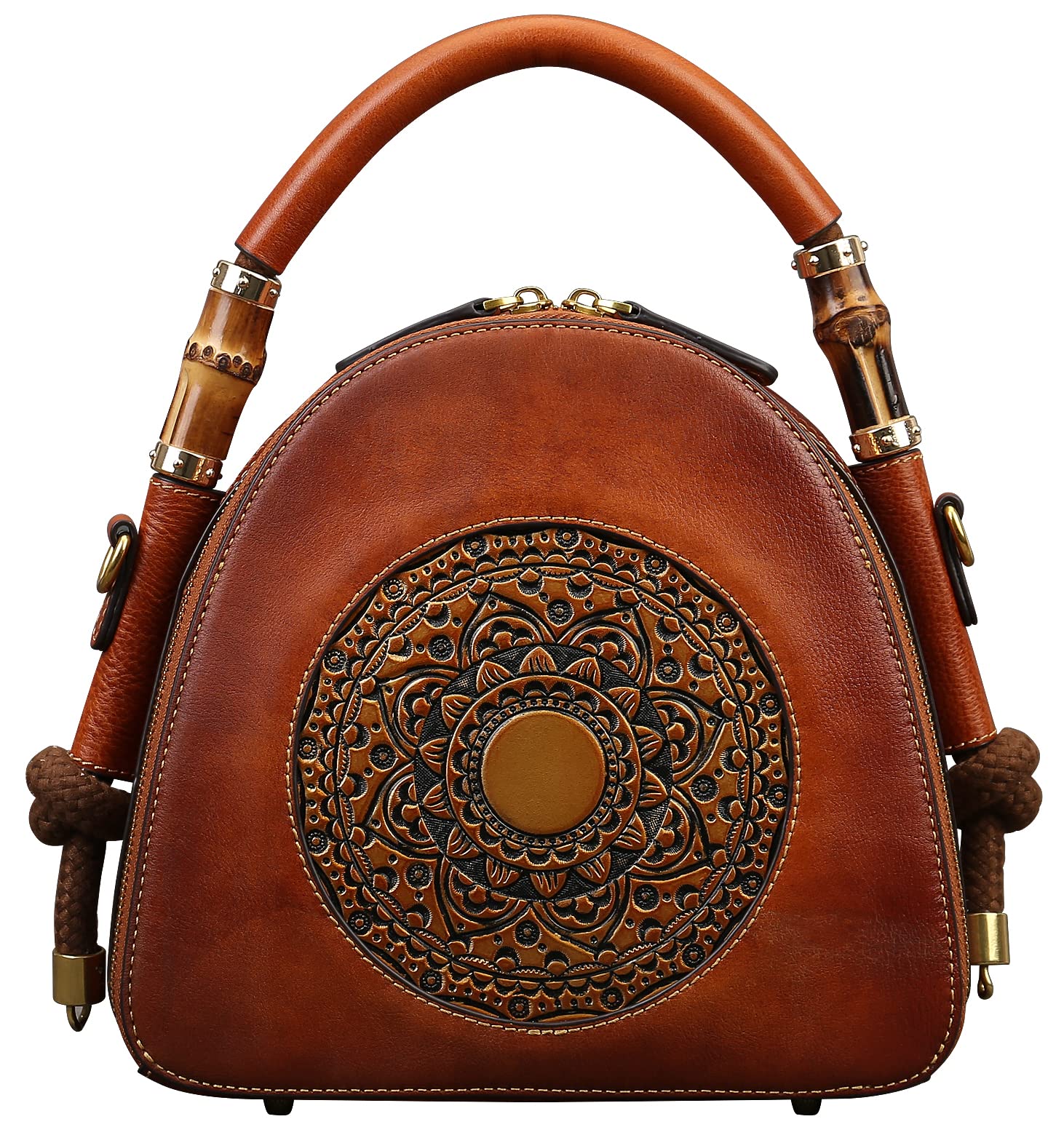 Zhuoliang Genuine Leather Pocketbooks for Women, Retro Organizer Top Handle Satchel Totem Leather Handbag Ladies