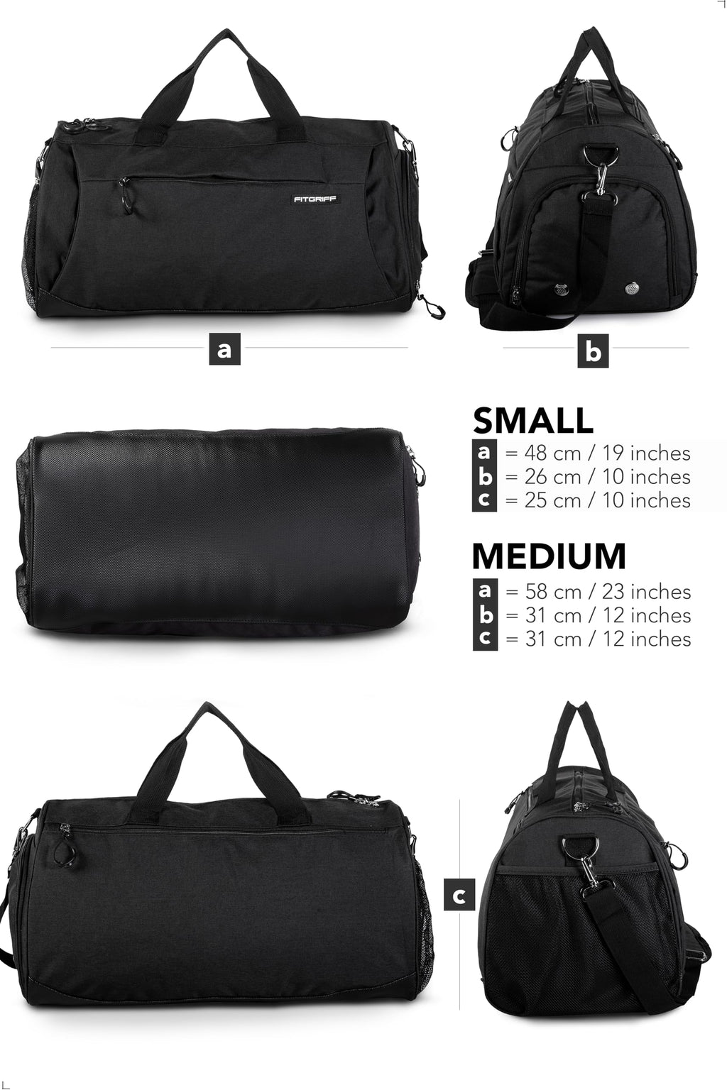 Fitgriff® Gym Bag for Men & Women with Shoe & Wet Compartment - Duffle Bag for Travel, Sports, Fitness & Workout (Full Black, 23 x 12 x 12″ (Medium))