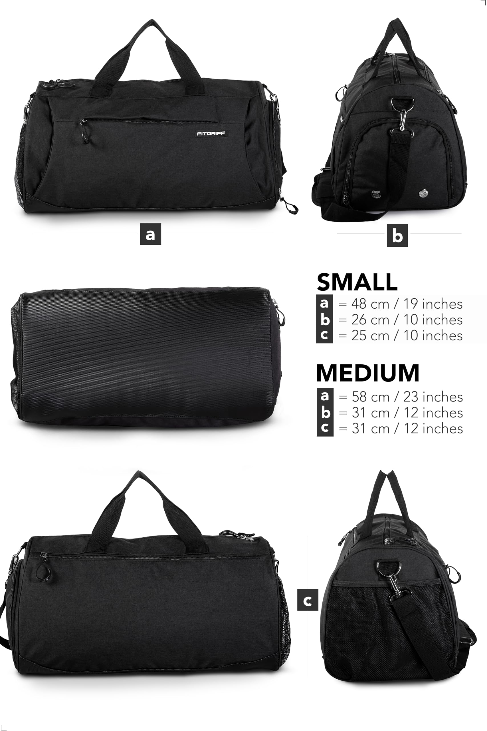Fitgriff® Gym Bag for Men & Women with Shoe & Wet Compartment - Duffle Bag for Travel, Sports, Fitness & Workout (Full Black, 23 x 12 x 12″ (Medium))
