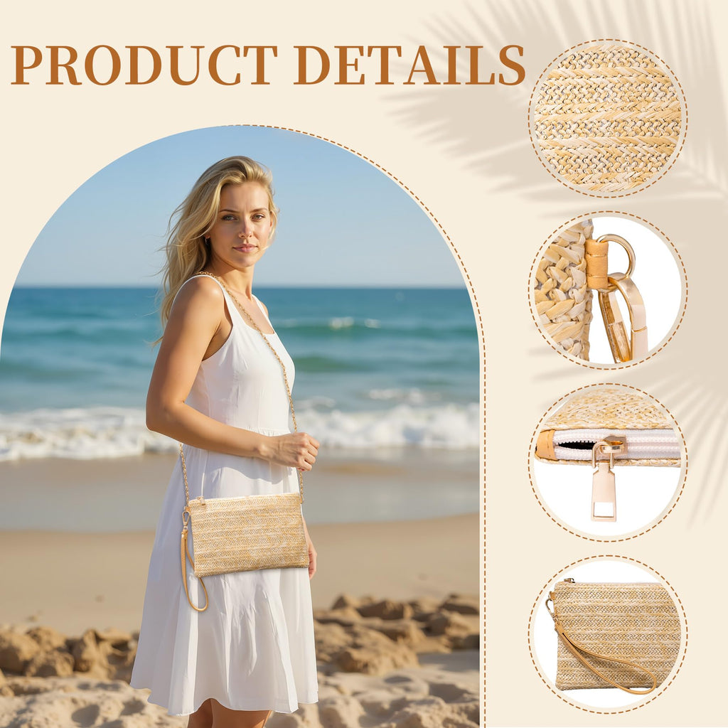 Larcenciel Straw Clutch Purses for Women w/Wrist Strap, Beige Woven Beach Purse & Chain Zipper, Boho Evening Wristlet Wallet, Summer Shoulder Crossbody Bag for Wedding Prom Vacation,8.6x5.7x0.4in