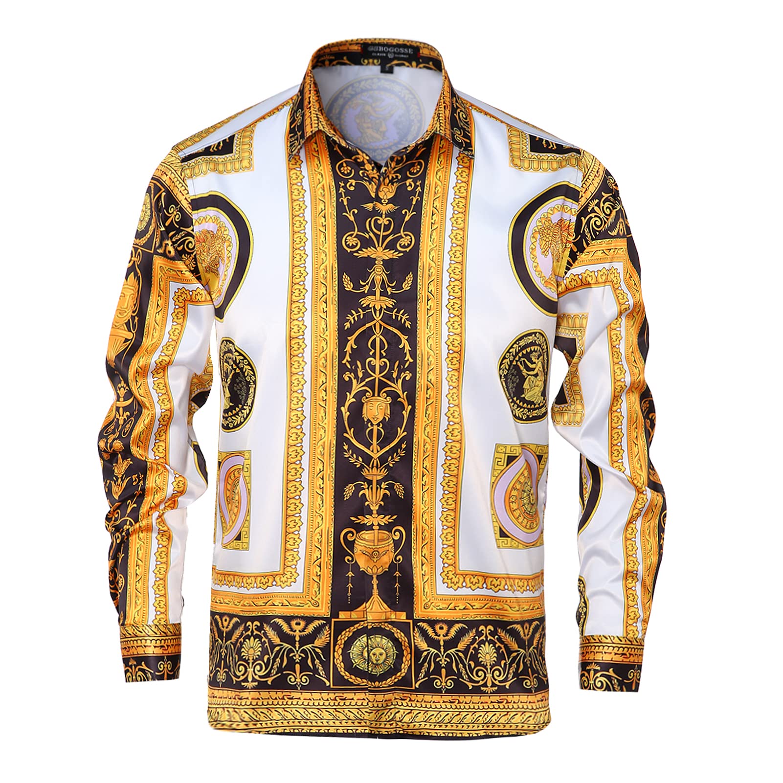 GSBOGOSSE Men Gold Fashion Luxury Printed Satin Long Sleeve Button-Down Shirts Flashy Retro Gorgeous Design Party Gift Shirt