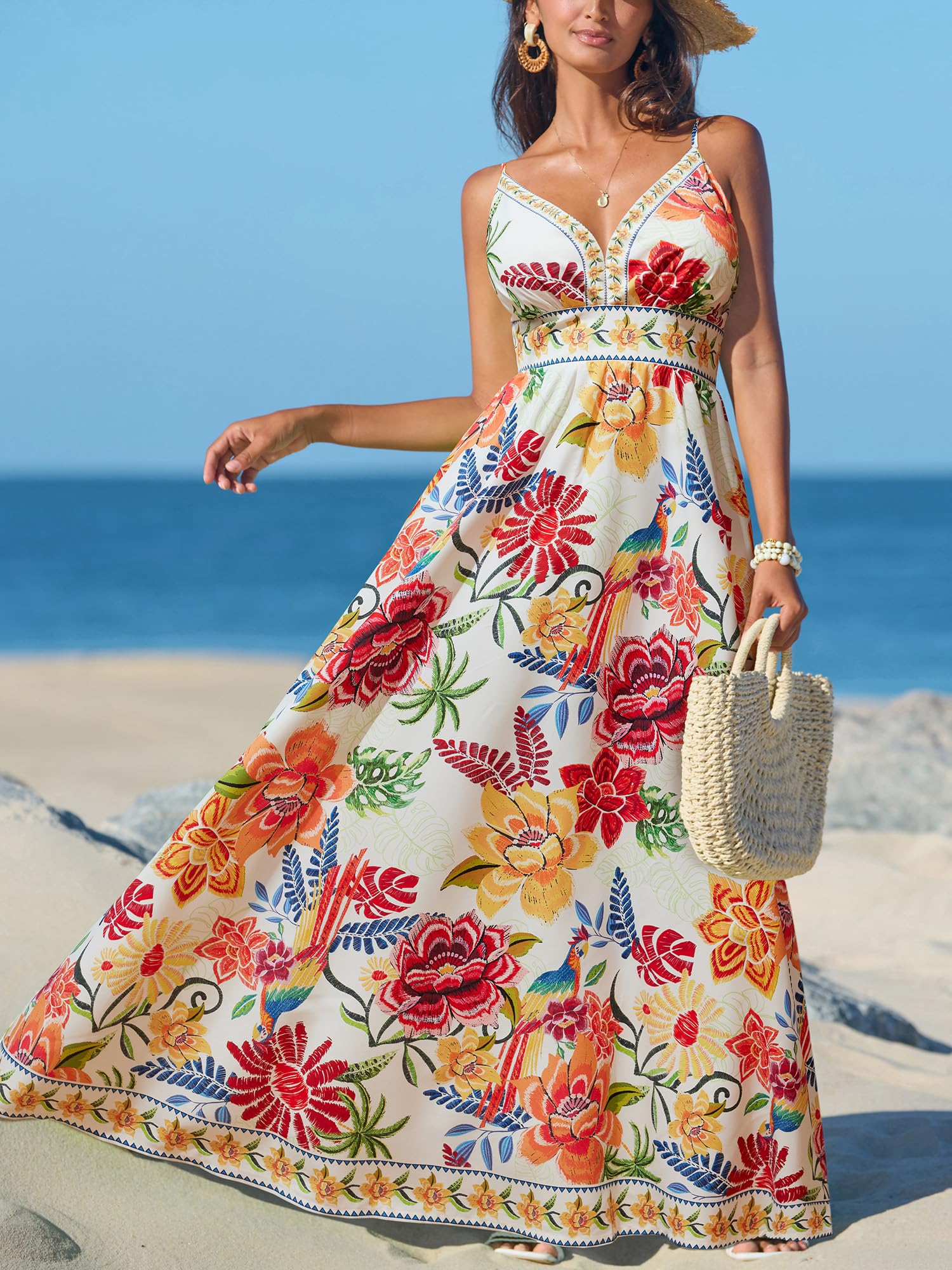 CUPSHE Women's Summer Dresses Casual Spring V Neck Sleeveless Floral Beach Vacation Long Spaghetti Strap Flowy Maxi Wedding Guest Dress Red Floral, M