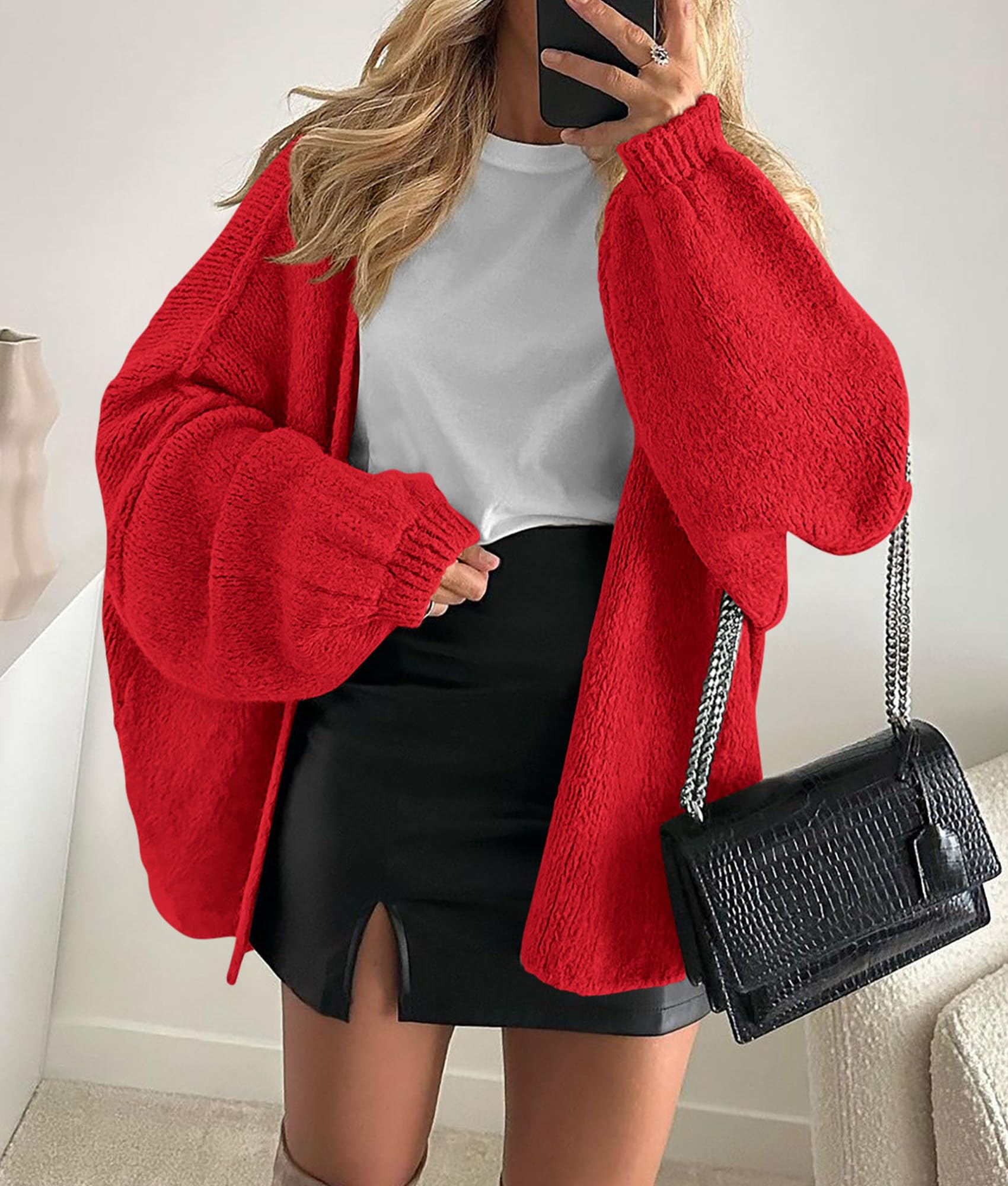 PRETTYGARDEN Womens Oversized Cardigan Sweaters 2026 Fall Long Lantern Sleeve Knit Open Front Lightweight Sweater (Red,Large)