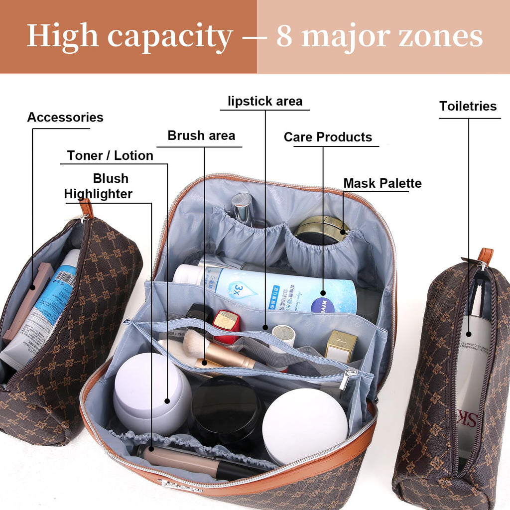 BOYATU Travel Makeup Bag Cosmetic Bags for Women: 3 Pcs Set Large Portable Make up Bag with Handle - Vegan Leather Toiletry Bags with Compartments - Makeup Organizer for Travel Essentials(A-1-Coffee)