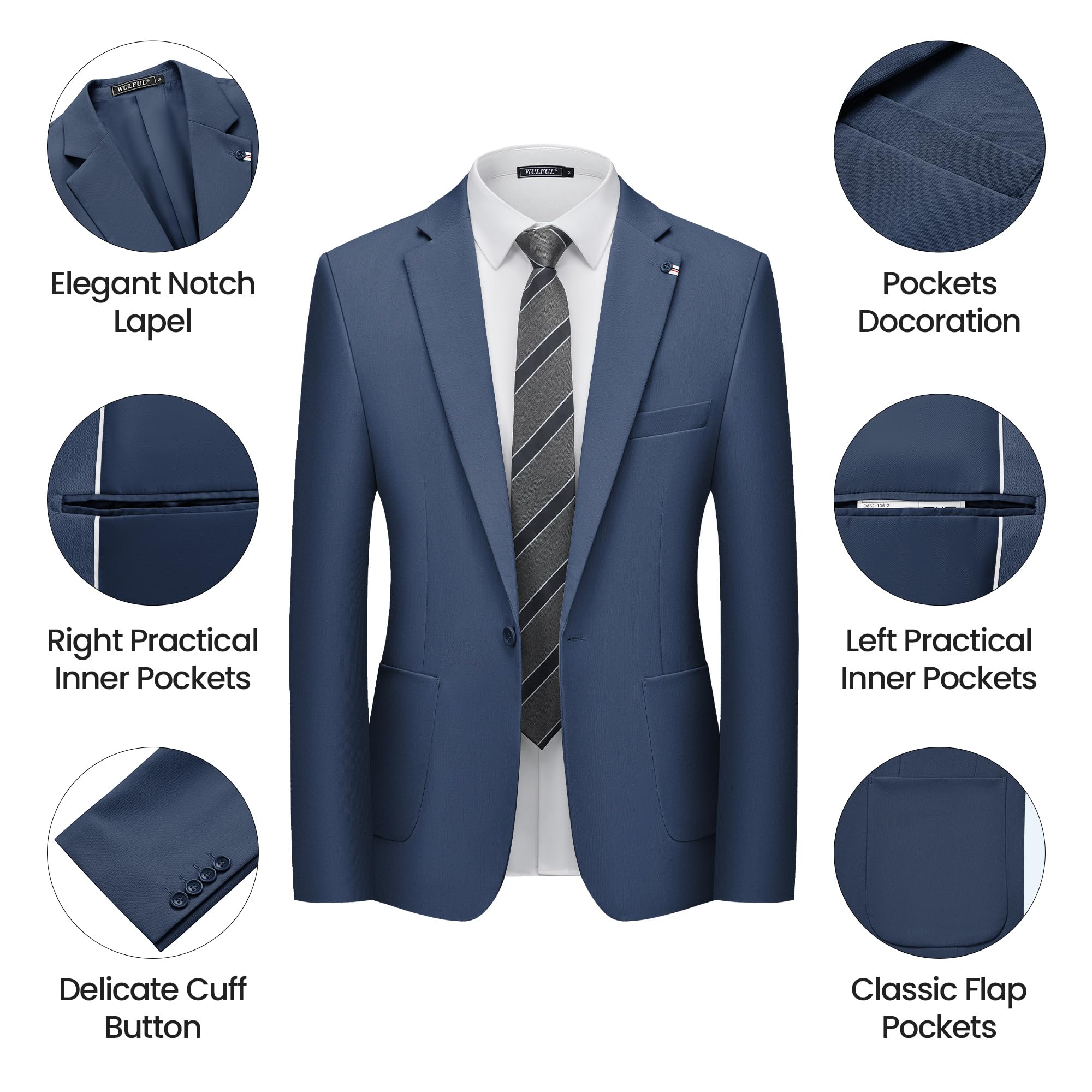 WULFUL Men's 2 Piece Slim Fit Suit Set One Button Blazer Jacket Pants Set Navy