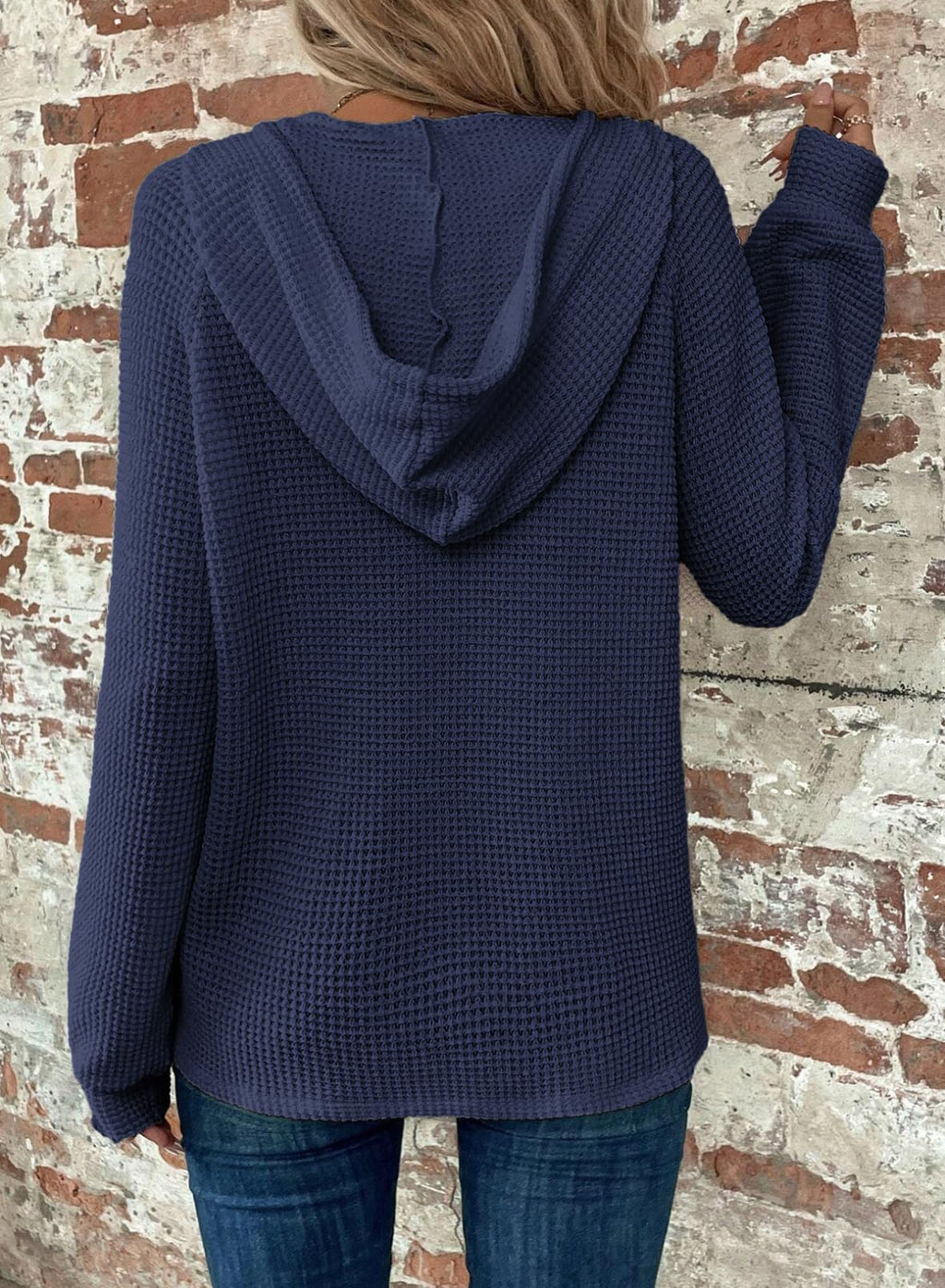 Dokotoo Women's Fashion Hoodies & Sweatshirts Winter Clothing for Women Drawstring Button V Neck Long Sleeve Oversized Waffle Knit Hooded Sweatshirt Loose Fit Cute Pullover Hoodie Tops Blue Large