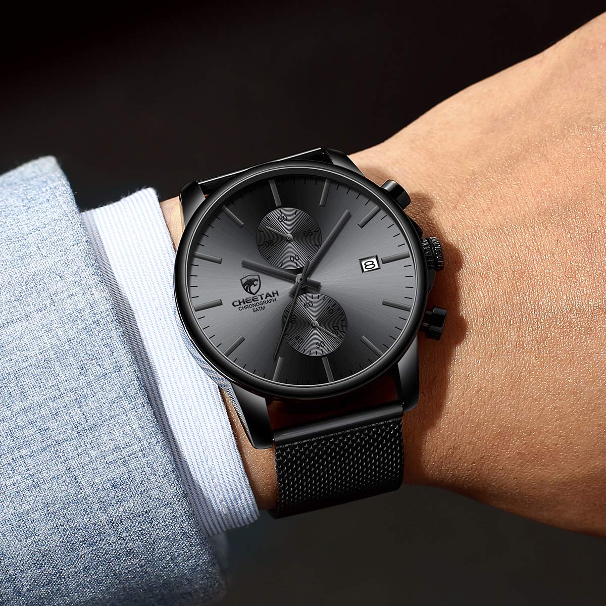 GOLDEN HOUR Men’s Watch Fashion Sport Quartz Analog Mesh Stainless Steel Waterproof Chronograph Watches, Auto Date in Grey Hands, Color: Black