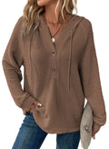 Dokotoo Women's Casual Hoodies Chocolate Brown Fall Clothes Long Sleeve Waffle Knit Drawstring Sweatshirt Button V Neck Lightweight Pullover Hoodie Tops Sweatshirts Fashion Outfits 2025 Large