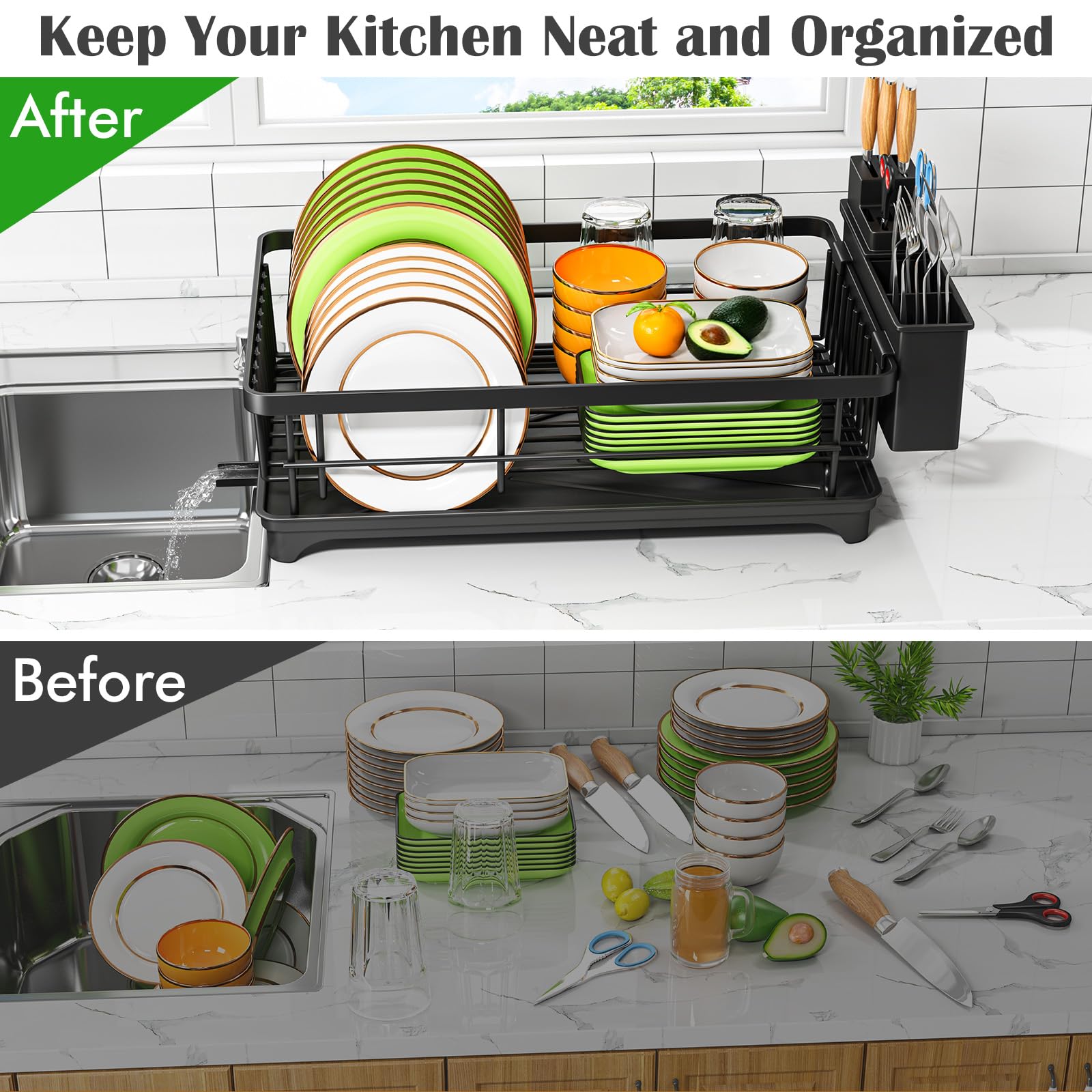 Kmiectse Dish Drying Rack - Space-Saving Small Dish Rack for Kitchen Counter, Rust-Resistant Kitchen Drying Rack, Compact Dish Drainer Organizer with Utensil Holder for Home Kitchen, Black