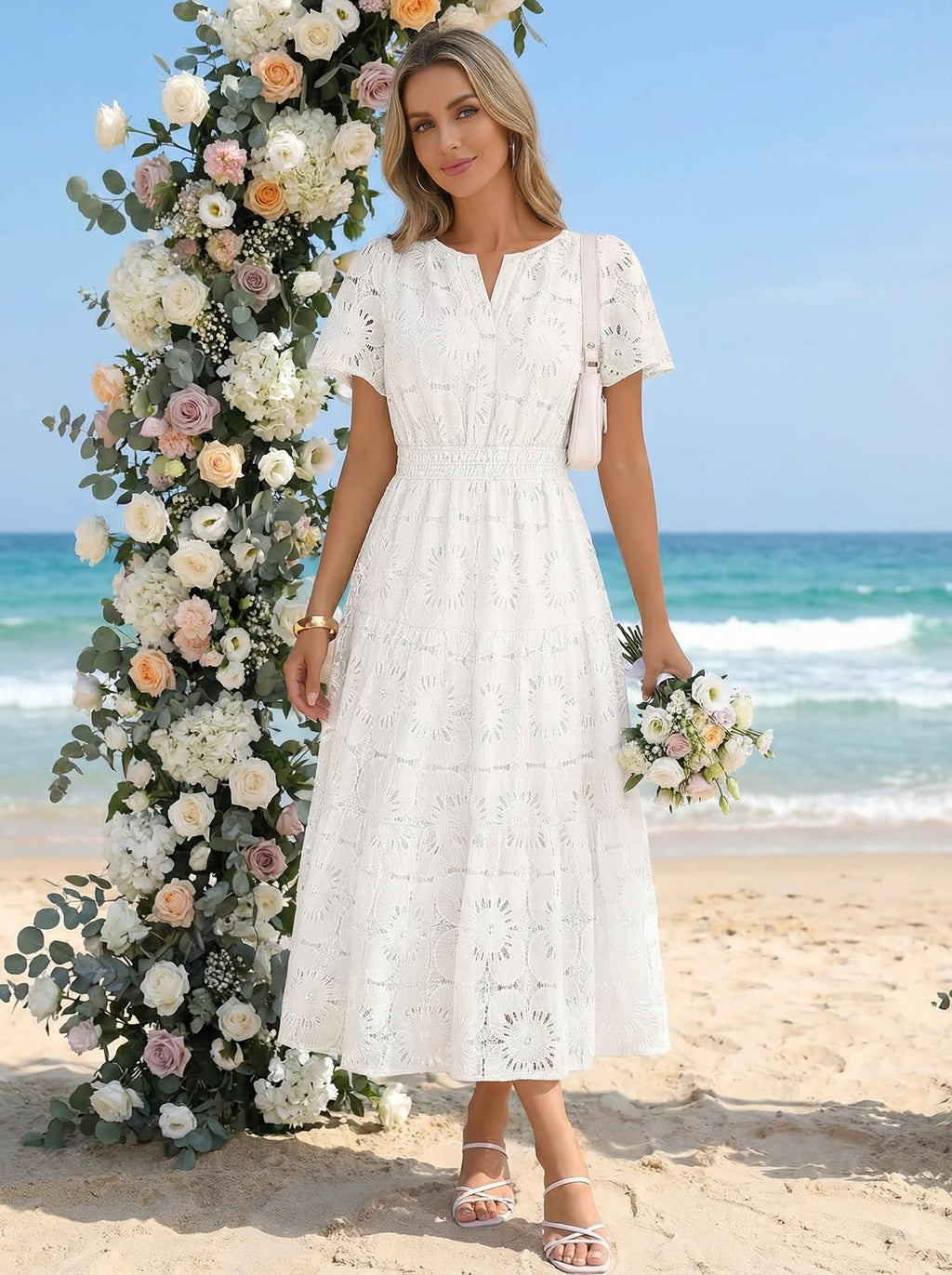 MEROKEETY Women's Summer Floral Maxi Dress 2026 Spring Boho Vacation Eyelet Lace Short Sleeve A Line Tiered Flowy Dresses, White, Medium
