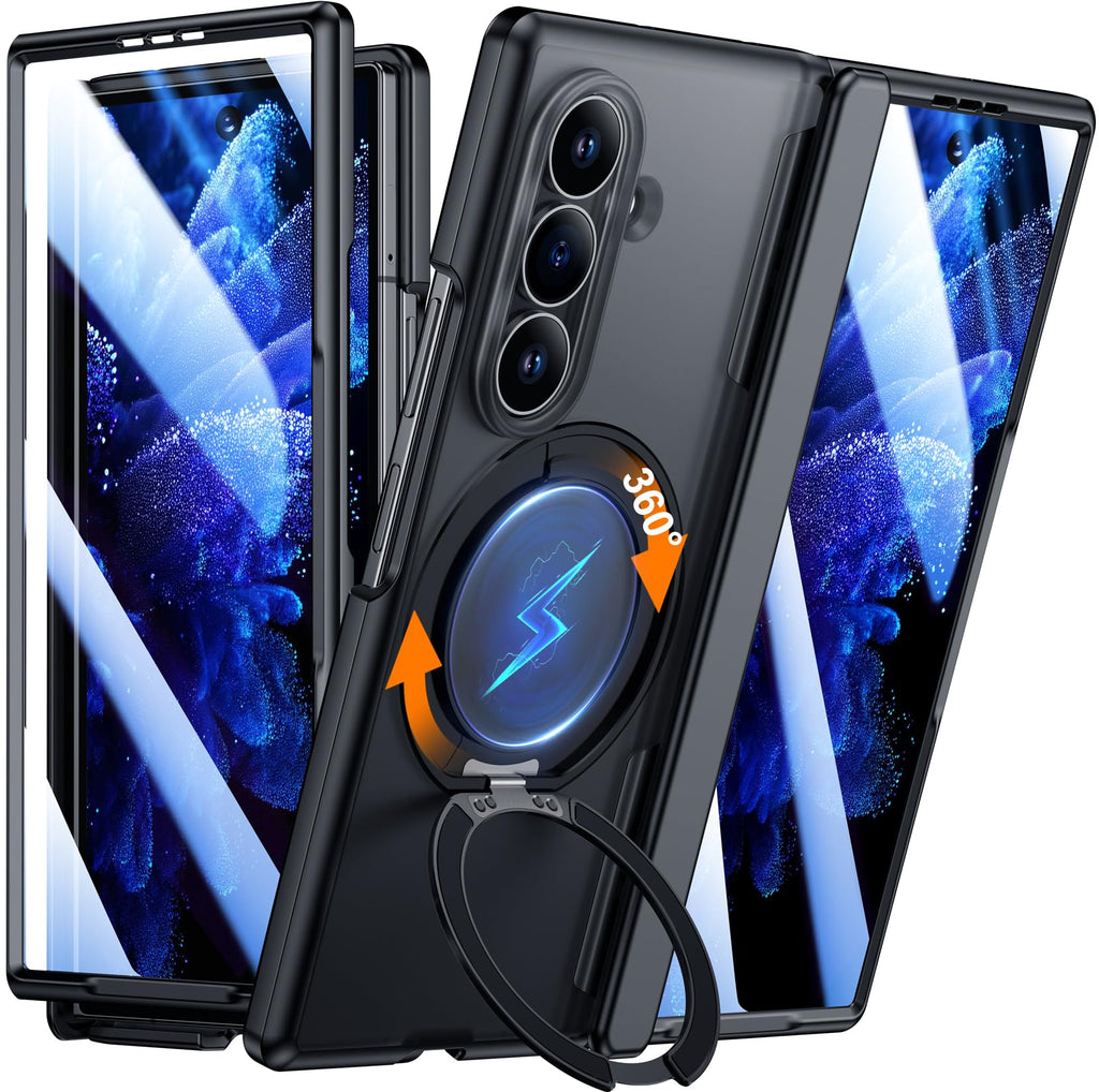 Temdan for Samsung Galaxy Z Fold 8 Ultra Case,[360°Rotatable Magnetic O-Ring Stand & HD Screen Protector][Compatible with MagSafe] Translucent Matte Shockproof Phone Case for Z Fold 8 Ultra,Black